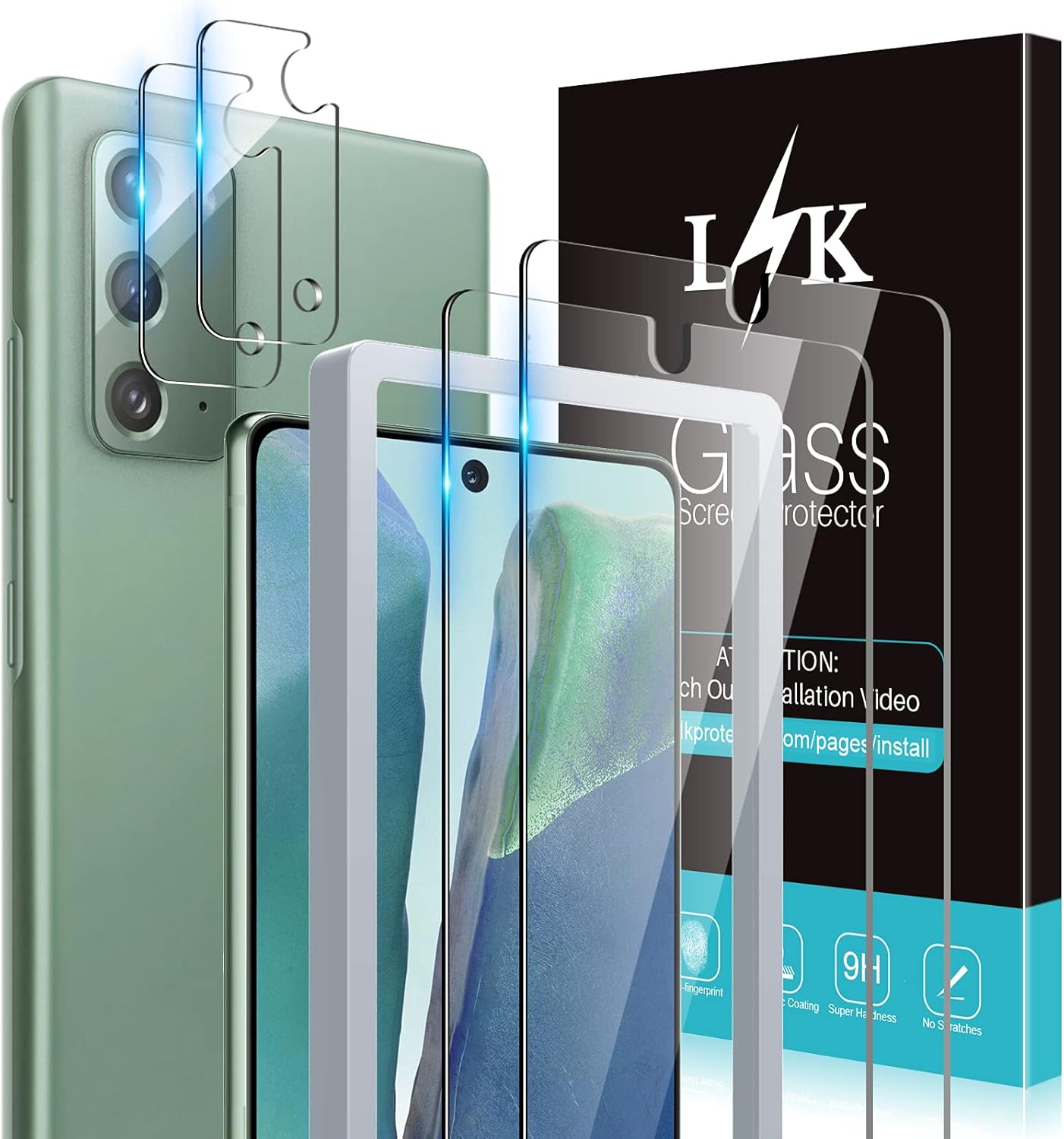         4 Pack L?K 2 Pack Tempered Glass Screen Protector + 2 Pack Camera Lens Protector Compatible for Samsung Galaxy Note 20, New Version, Ultrasonic Fingerprint Supported, Installation Tray - Clear