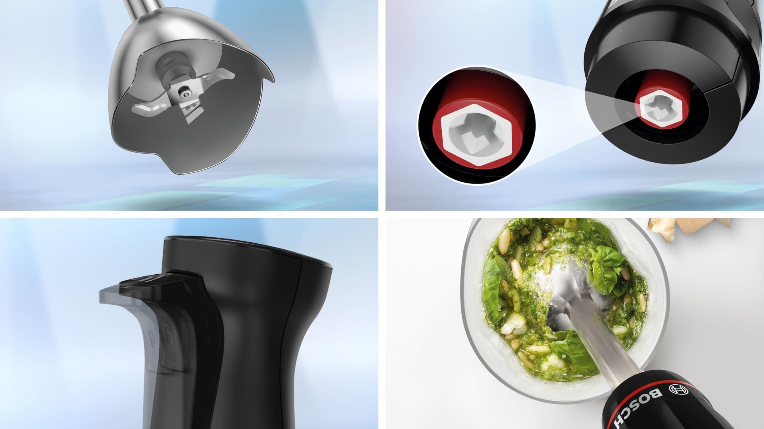 Bosch Serie 4 Frullatore a Immersione ErgoMaster MSM4B621, 1000 W, Ergonomico, Regolazione Dinamica della Velocità, Lame in Acciaio Inox, Tritatutto e Frusta Inclusi, Bicchiere Graduato, Nero