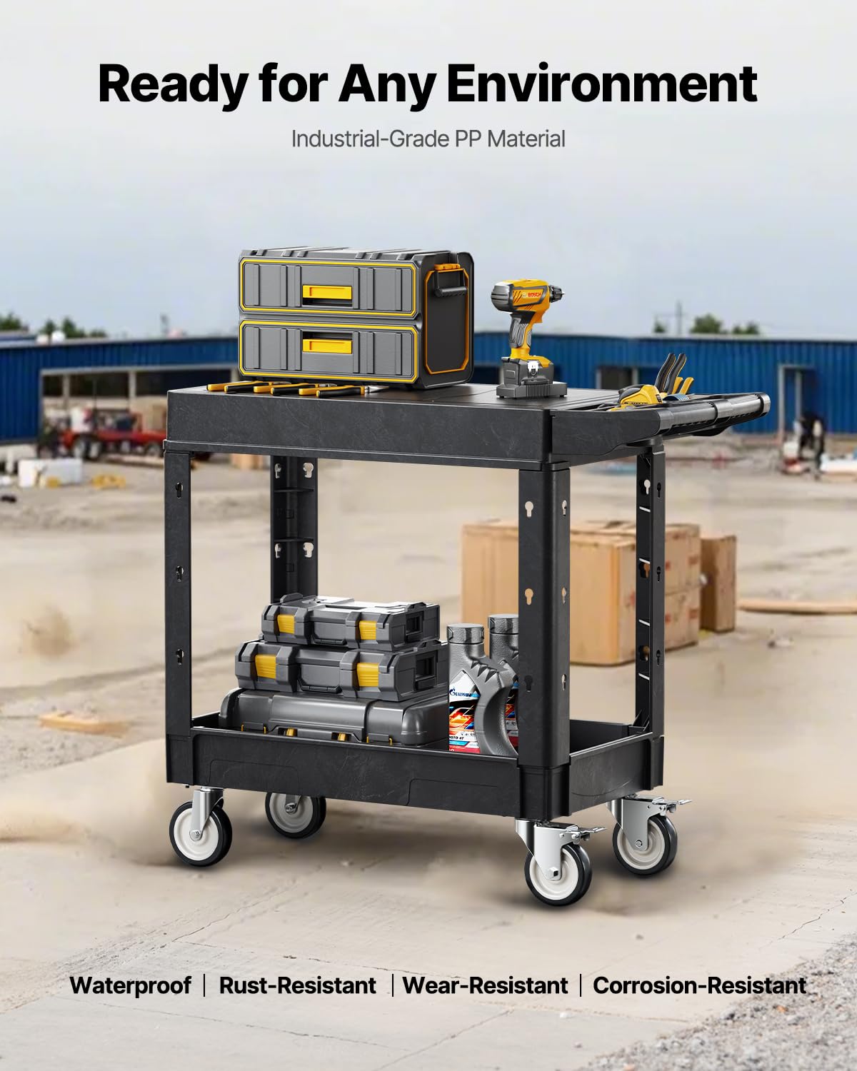 VEVOR Carrello Portaoggetti in Plastica Resistente a Due Ripiani con Ruote Girevoli a 360° Carrello di Servizio da 795 x 450 mm Capacità di Carico di 250 kg Adatto per Magazzino, Garage, Pulizia