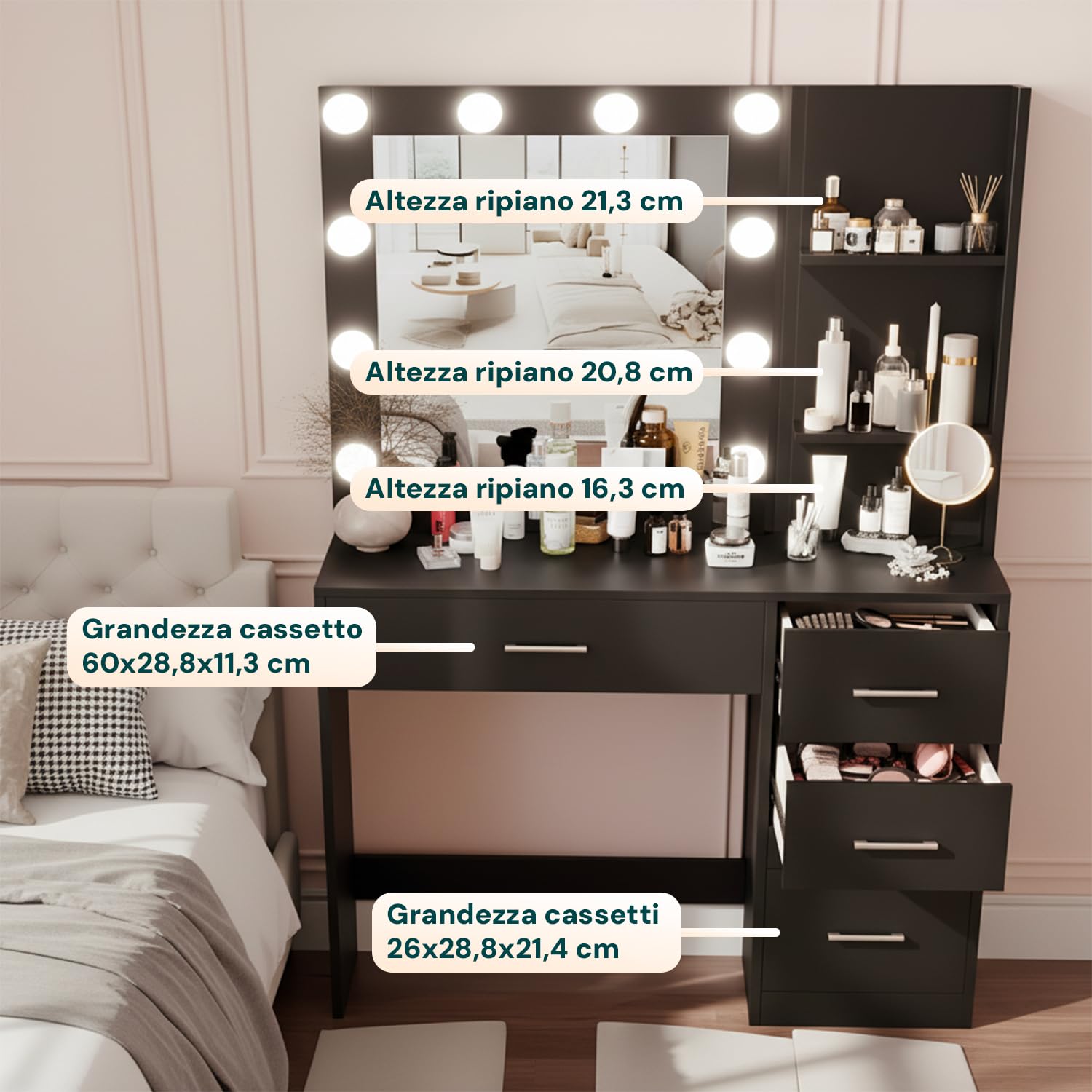 Avilia - Postazione Trucco con Specchio Trucco con Luci LED – 12 Lampadine, 3 Tonalità, 4 Cassetti, 3 Ripiani | Scrivania Trucco con Specchio, MDF, H140×L94×P40 cm, Multiuso Studio e Make-Up