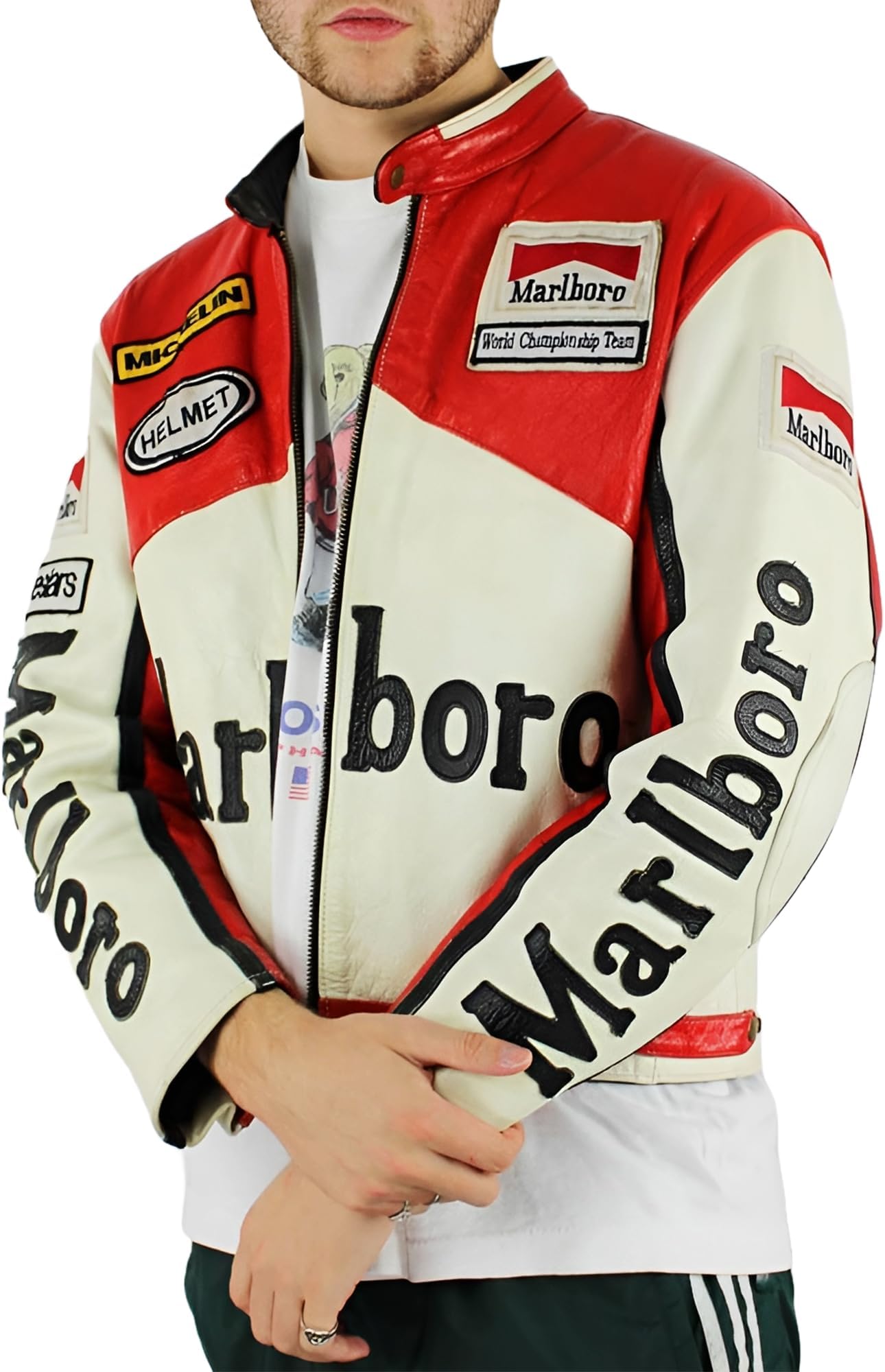 Men's Classic Cafe Racer Real Leather Red And White Racing Bomber Motorcycle Biker Jacket