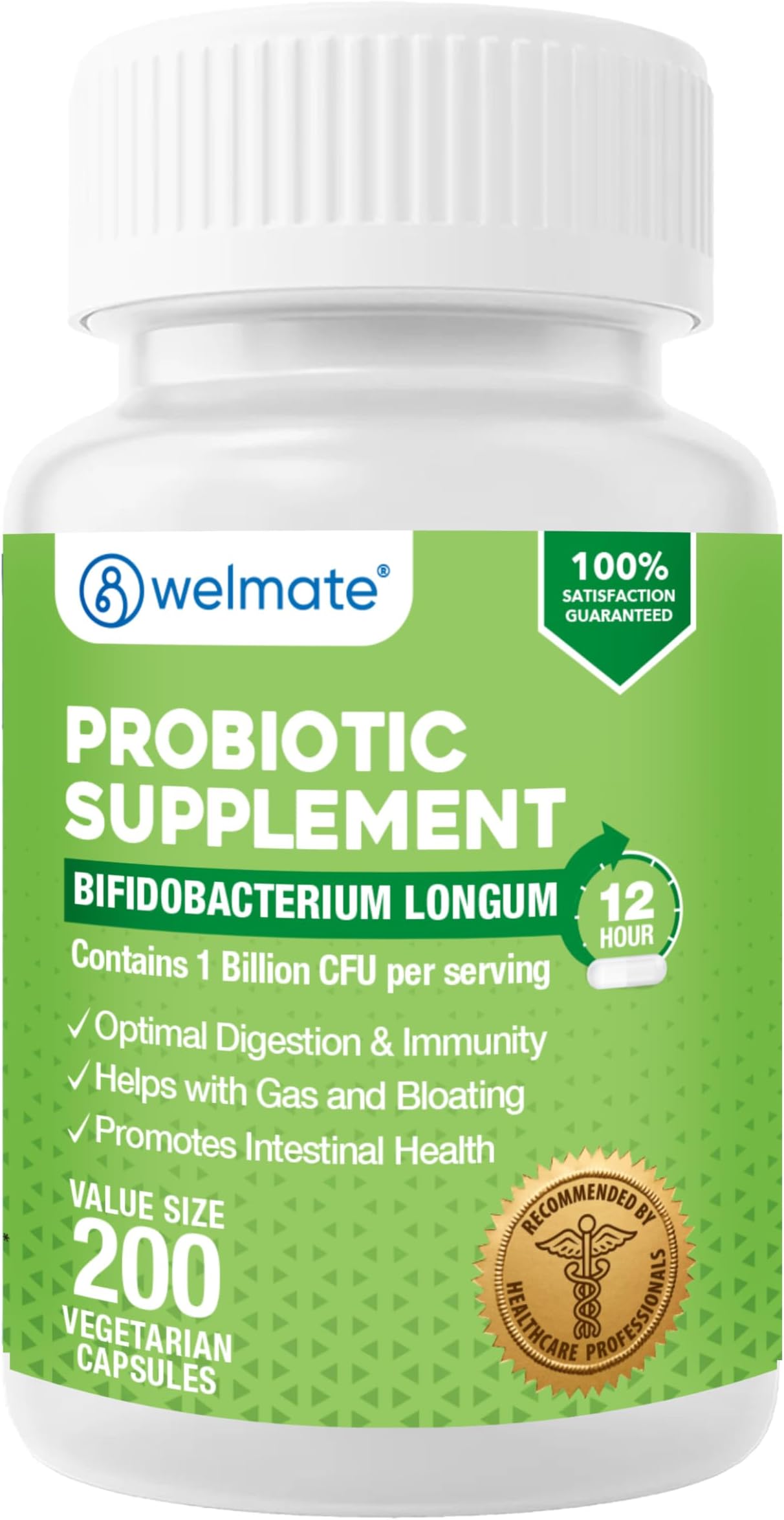 WELMATE Bifidobacterium | Probiotic Supplement | Supports Gut Health | Immune Support | Digestive Enzymes | Gluten Free | Vegan | Men & Womens Probiotic | Value Size | 200 Count