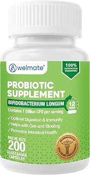 WELMATE Bifidobacterium Longum 1 Billion CFU Probiotic, 200 Count | Daily vegetarian capsules offer a 200-day supply formulated to support digestive health, immune defense, and gut balance.