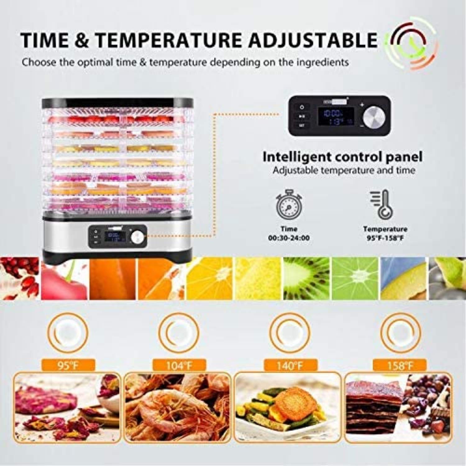 Nictemaw Suszarka do włosów, 8 poziomów, 400 W, ze stali nierdzewnej, z timerem i regulatorem temperatury 35-70°C, profesjonalne urządzenie do suszenia wołowiny, suszonych owoców i warzyw, nie zawiera