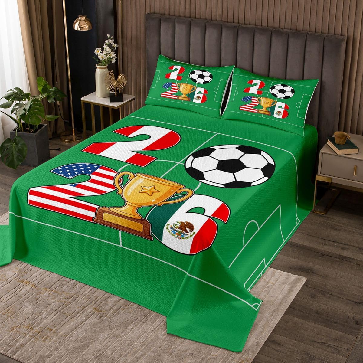 Manfei Soccer Field Bedspread Champion Theme Football Quilt Set for Adults Women 2026 Football Sports Bedding Set,3 Pcs Coverlet Set with 2 Pillow Shams Queen Size Blue White