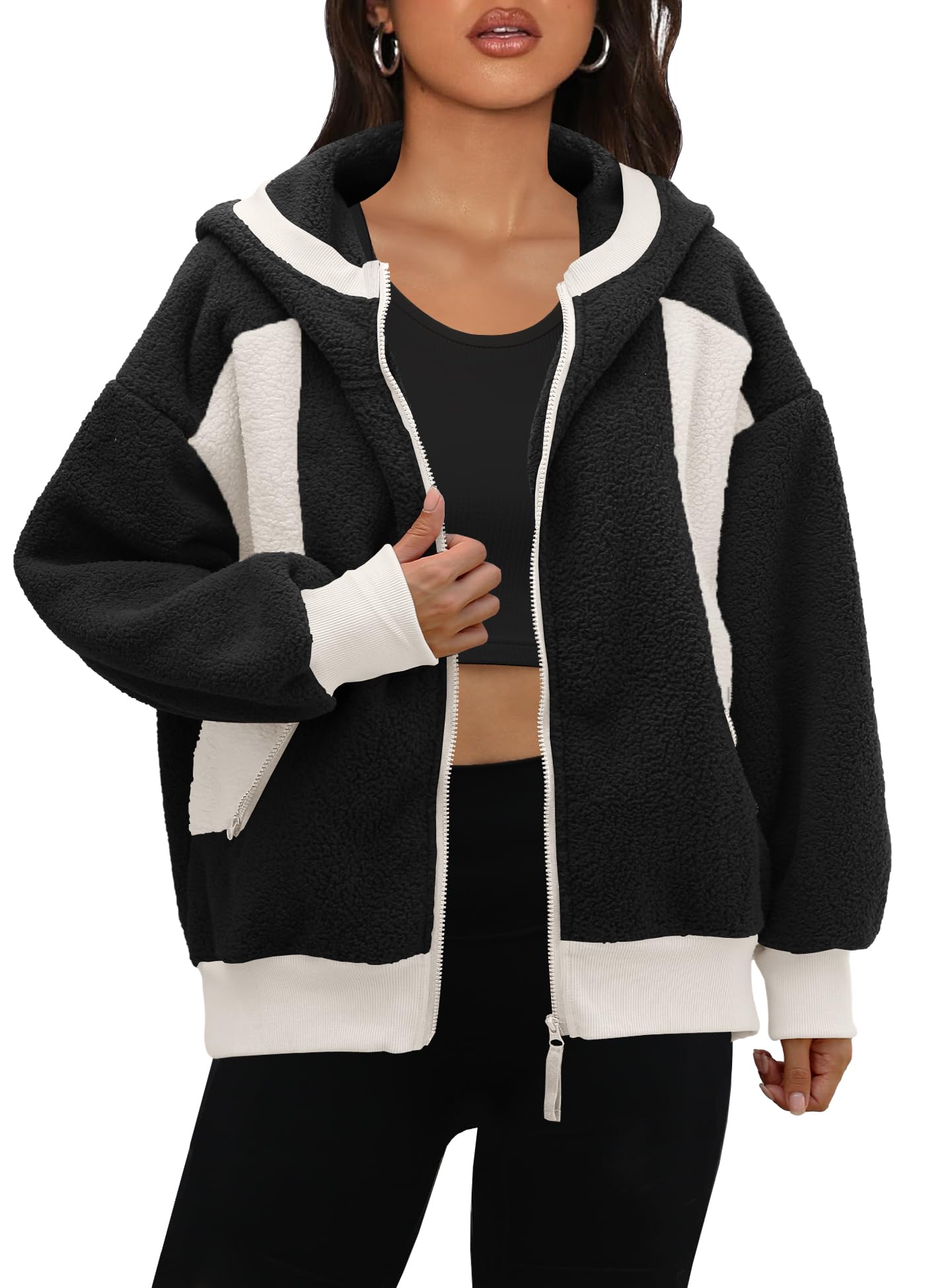 PanadilaWomens Fuzzy Fleece Jacket Zip Up Oversized Hoodie Sherpa Warm Coats Color Block Top Outerwear with Pockets