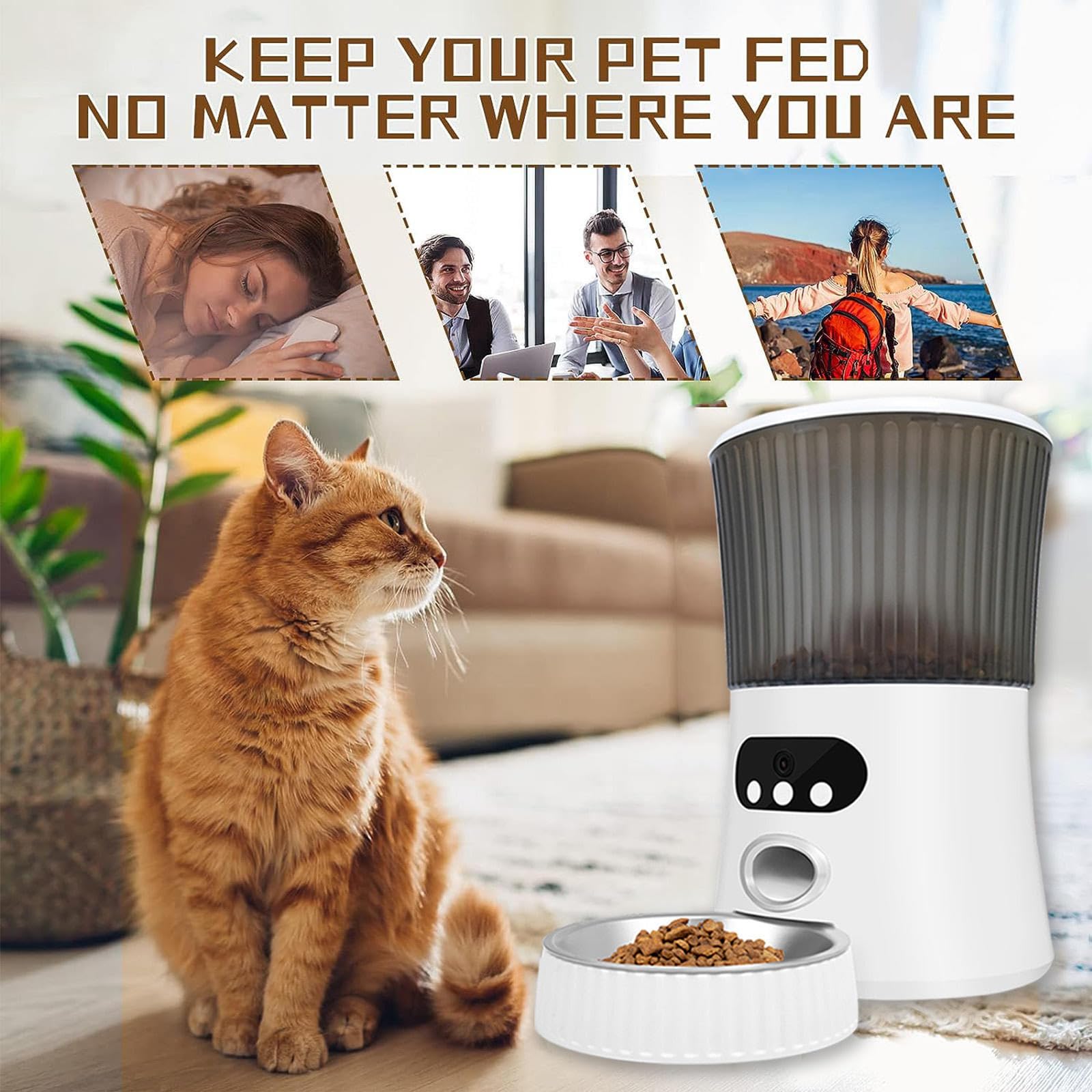 Comedero Gato Automatico WiFi, 6L 2.4G WLAN,con App Control, Full 1080p HD Cámara y Visión Nocturna Dispensador Comida Perros, Comedero Automatico Perros