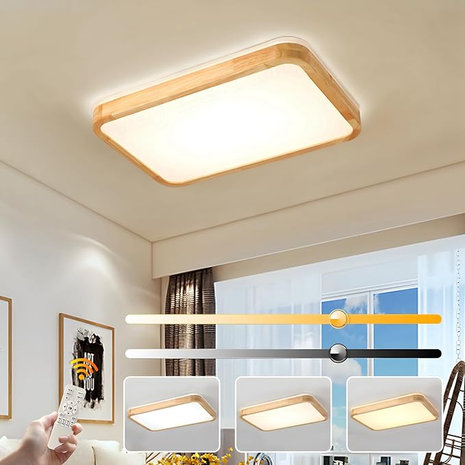 WayLuoung Houten LED-Plafondlamp | 60 * 40cm 3000-6000K 38W | Rechthoekige Top 360° Gloed Natuurlijke Houten Lamp, Slaapkamer Woonkamer Kinderkamer Keuken Thuiskantoor (Dimbaar Met Afstandsbediening)