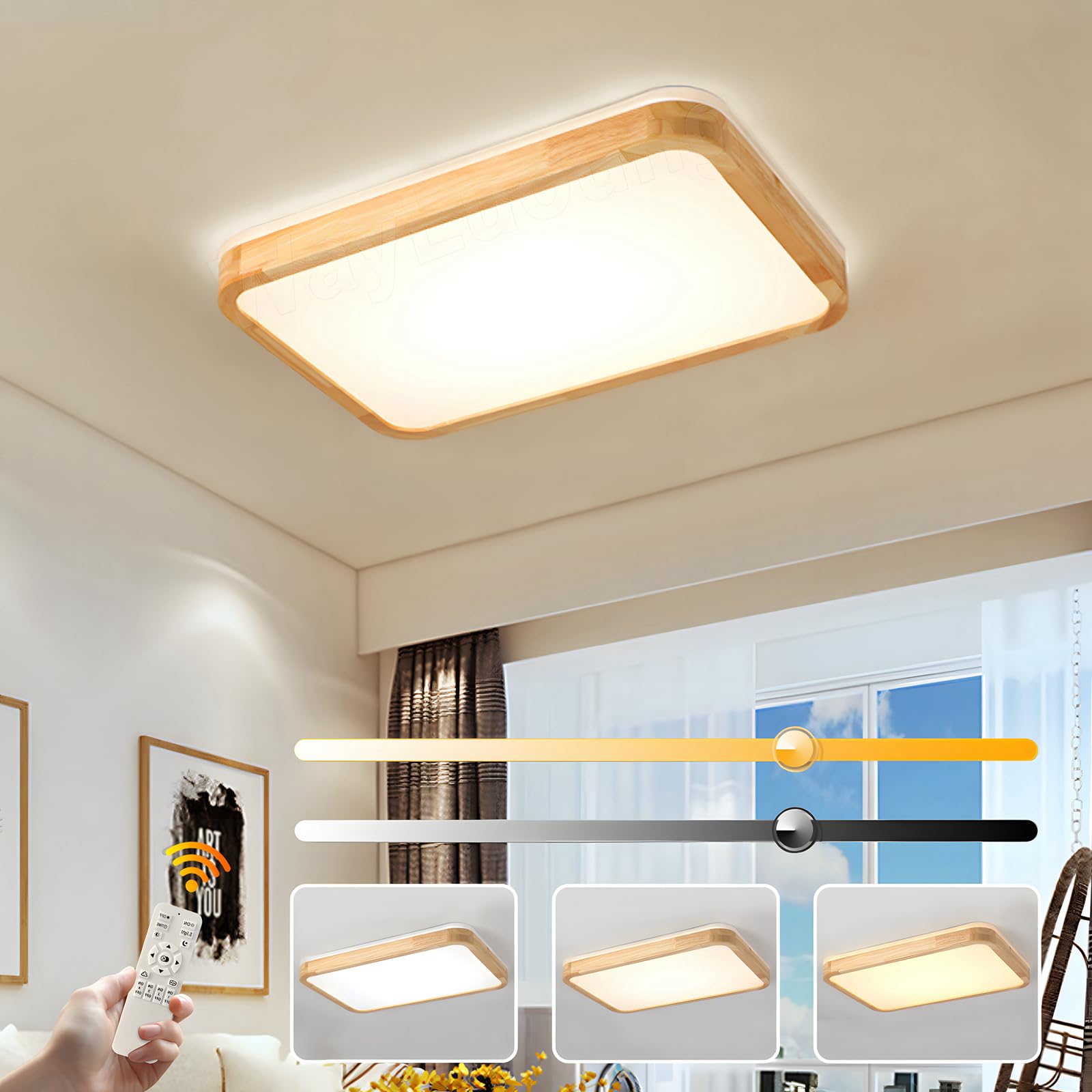 WayLuoung Wood LED Ceiling Light | 60*40cm 3000-6000K 38W | Rectangle Top 360° Glow Natural Wooden Lamp, Bedroom Living Room Children'S Room Kitchen Dining Room Office (Dimmable With Remote Control) — image 1