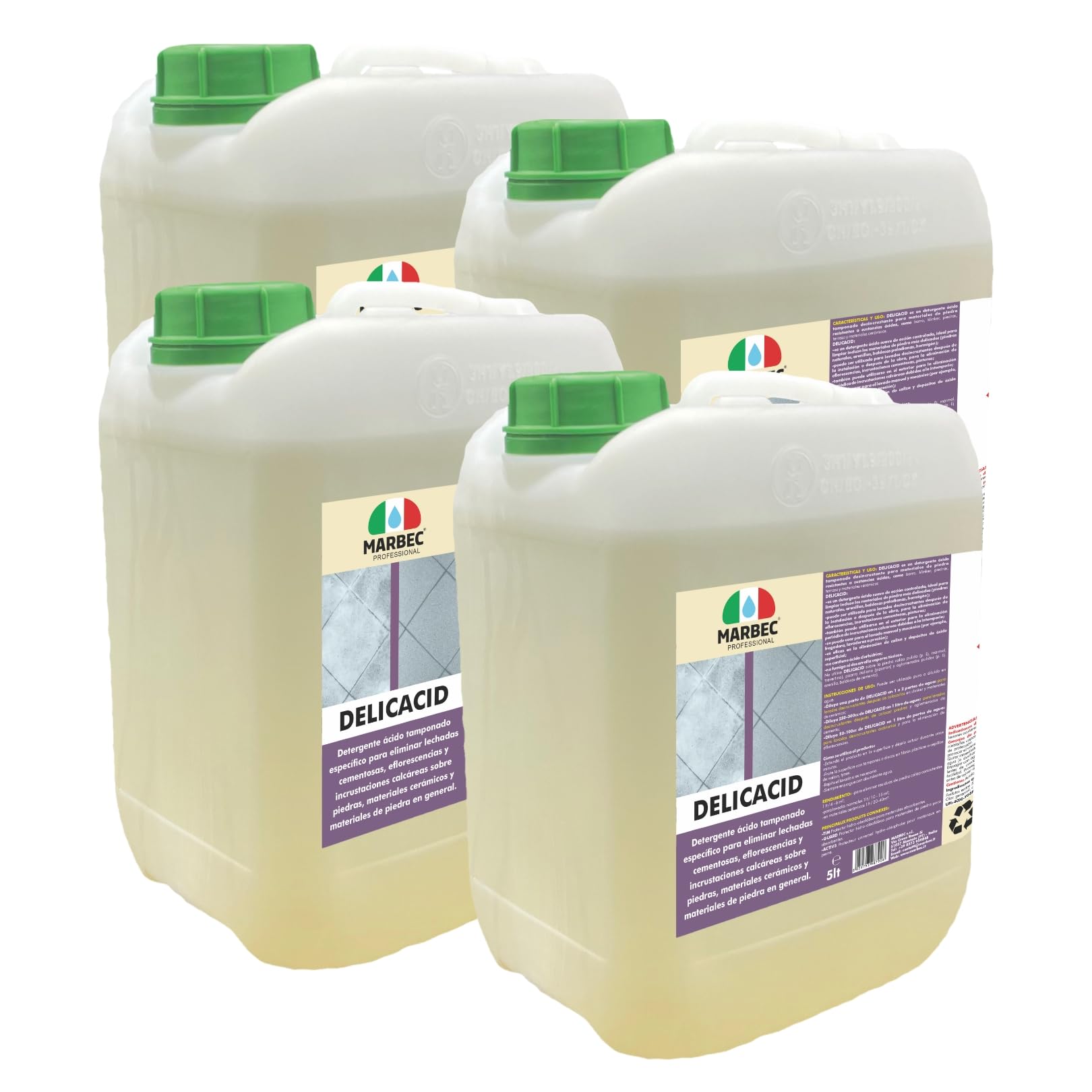 MARBEC DELICACID 5LTx4Uds Ácido tamponado delicado específico para piedras, cerámica y materiales lapídeos incluso delicados