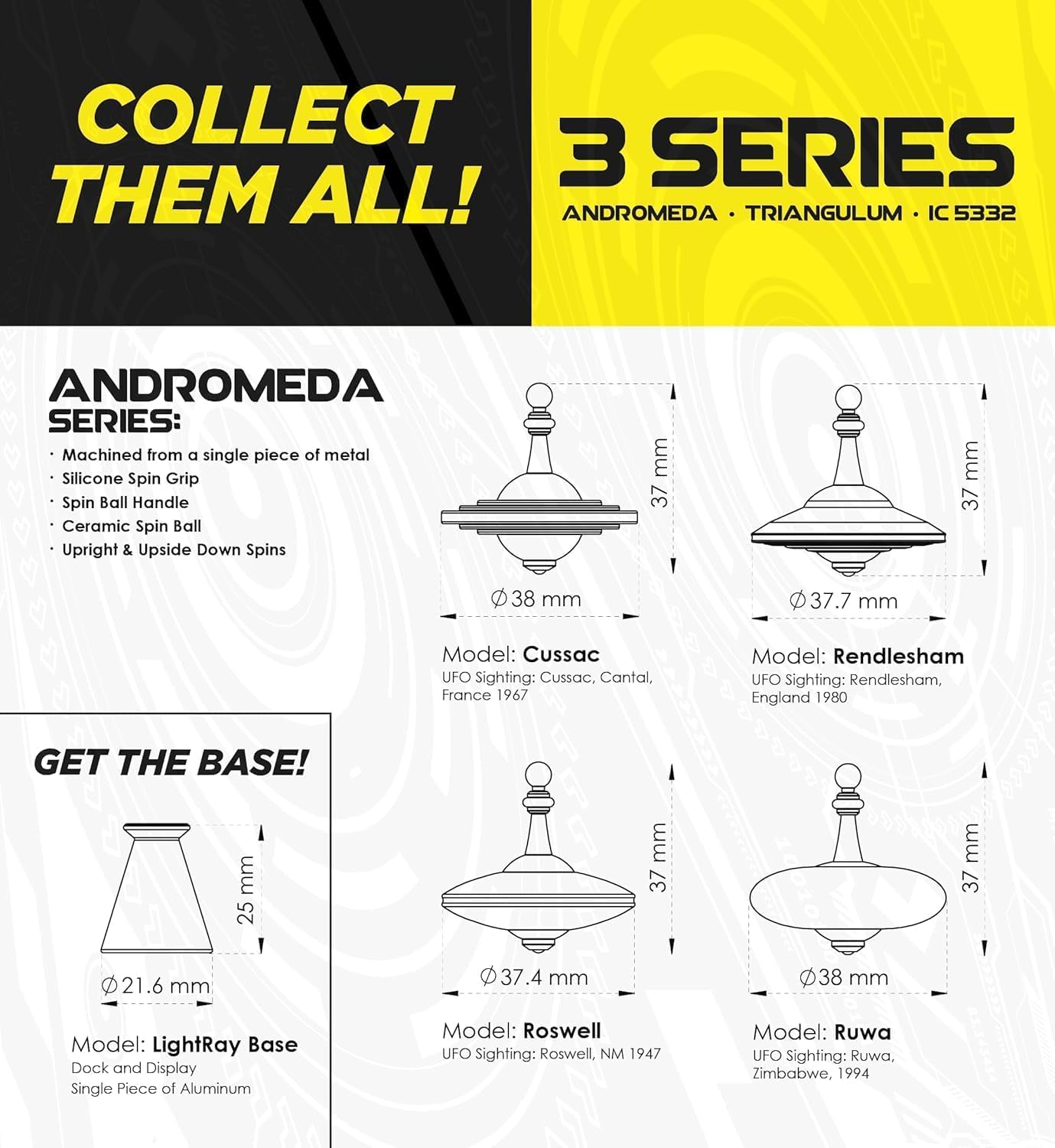 UFO Tops 3-Pack by Plexity Labs - Precision Machined Stainless Steel Spinning Tops - Long Spin Ceramic Bearing Executive Desk Toy & EDC Gift - Ruwa, Rendlesham, Cussac Set