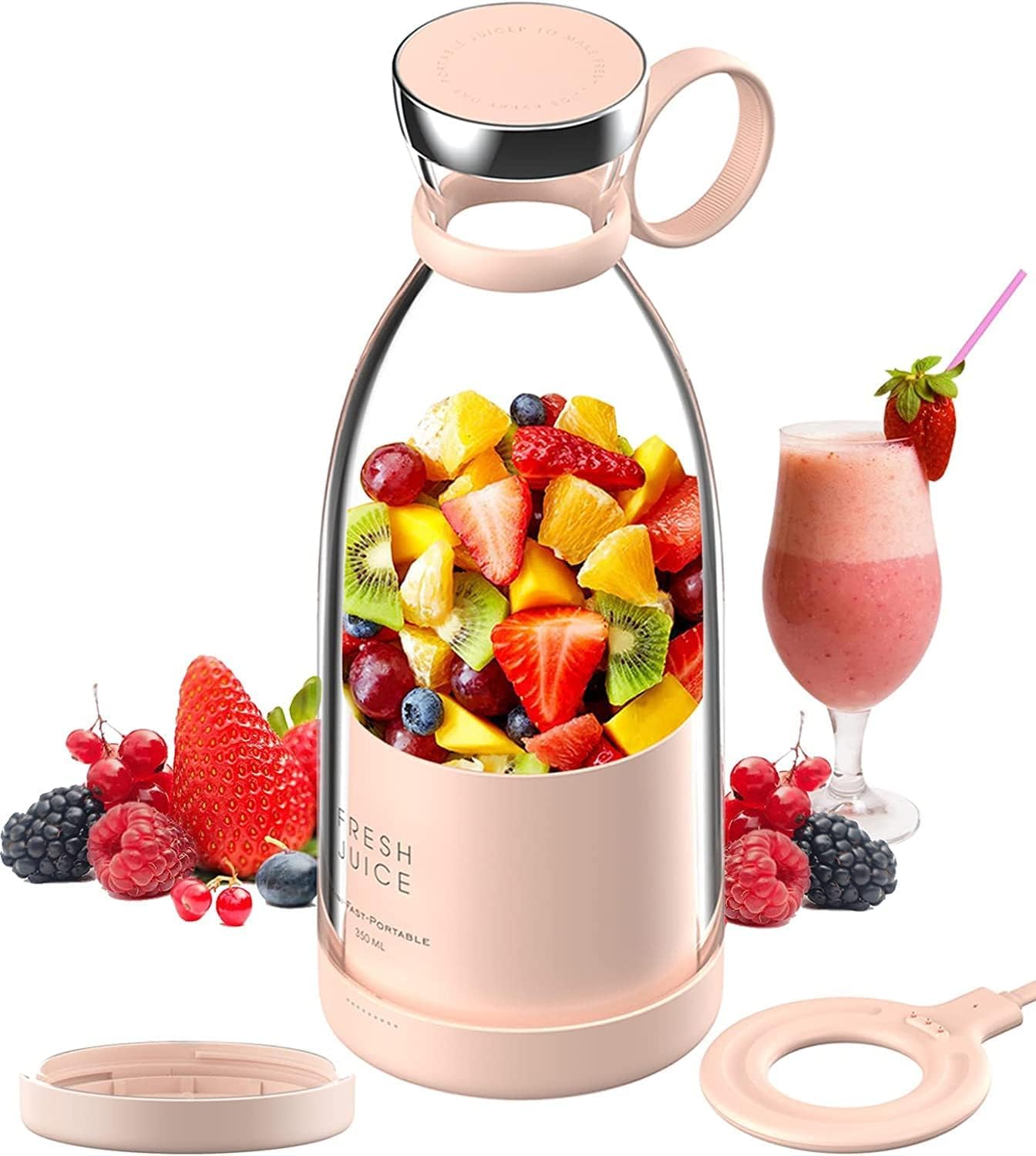 DLORKAN Portable Mini Blender for Fresh Juice, Smoothies, Shakes with Magnetic Wireless Charging, Personal Travel Blender for On The Go Blending (Pink)
