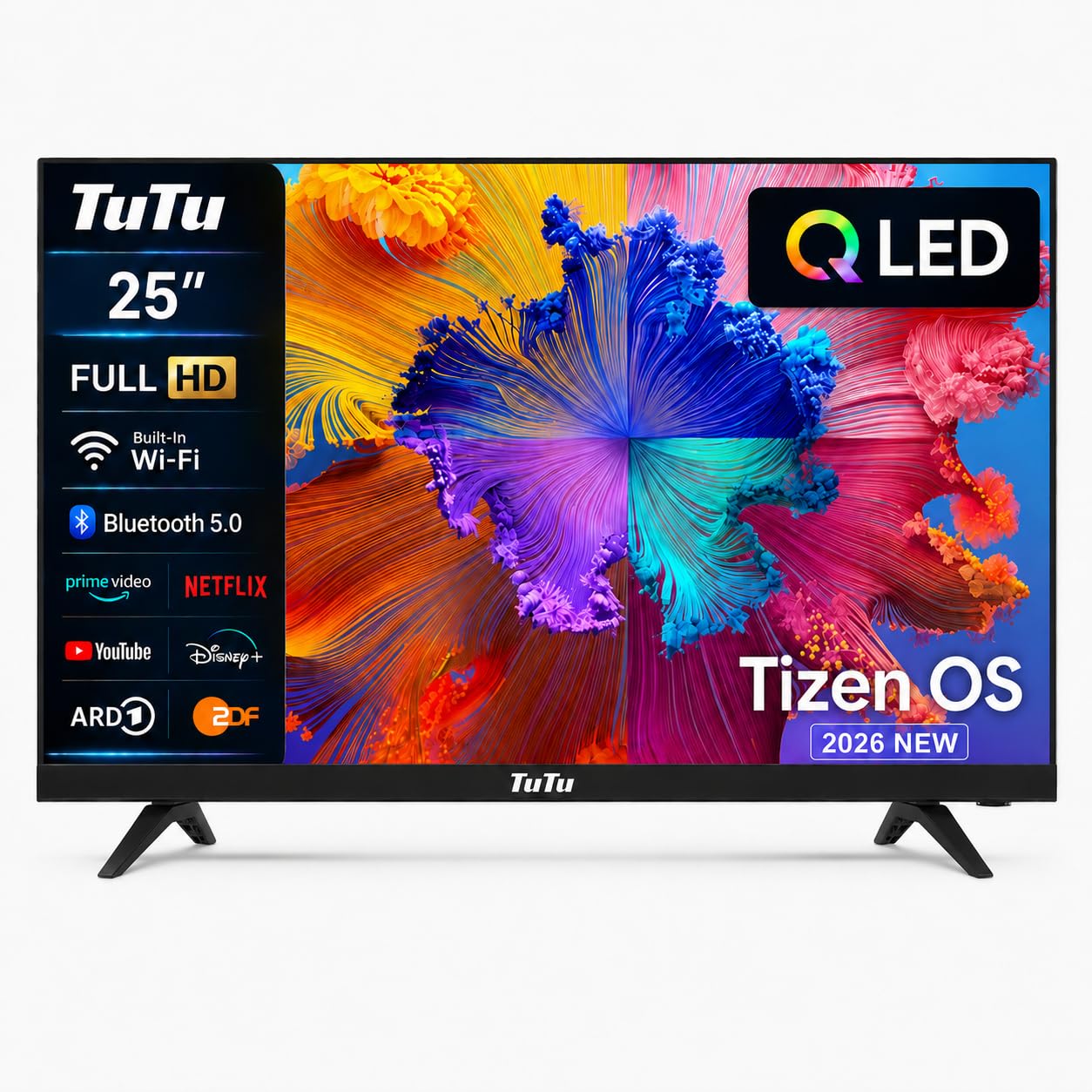 TuTu TU25Q1FQ-T8 Smart TV 25 Pulgadas (64 cm), QLED Full HD Televisor con Tizen OS, Wi-Fi, Bluetooth, App Store, Airplay, Sintonizador Digital, Prime Video, Netflix, Pluto TV y Más