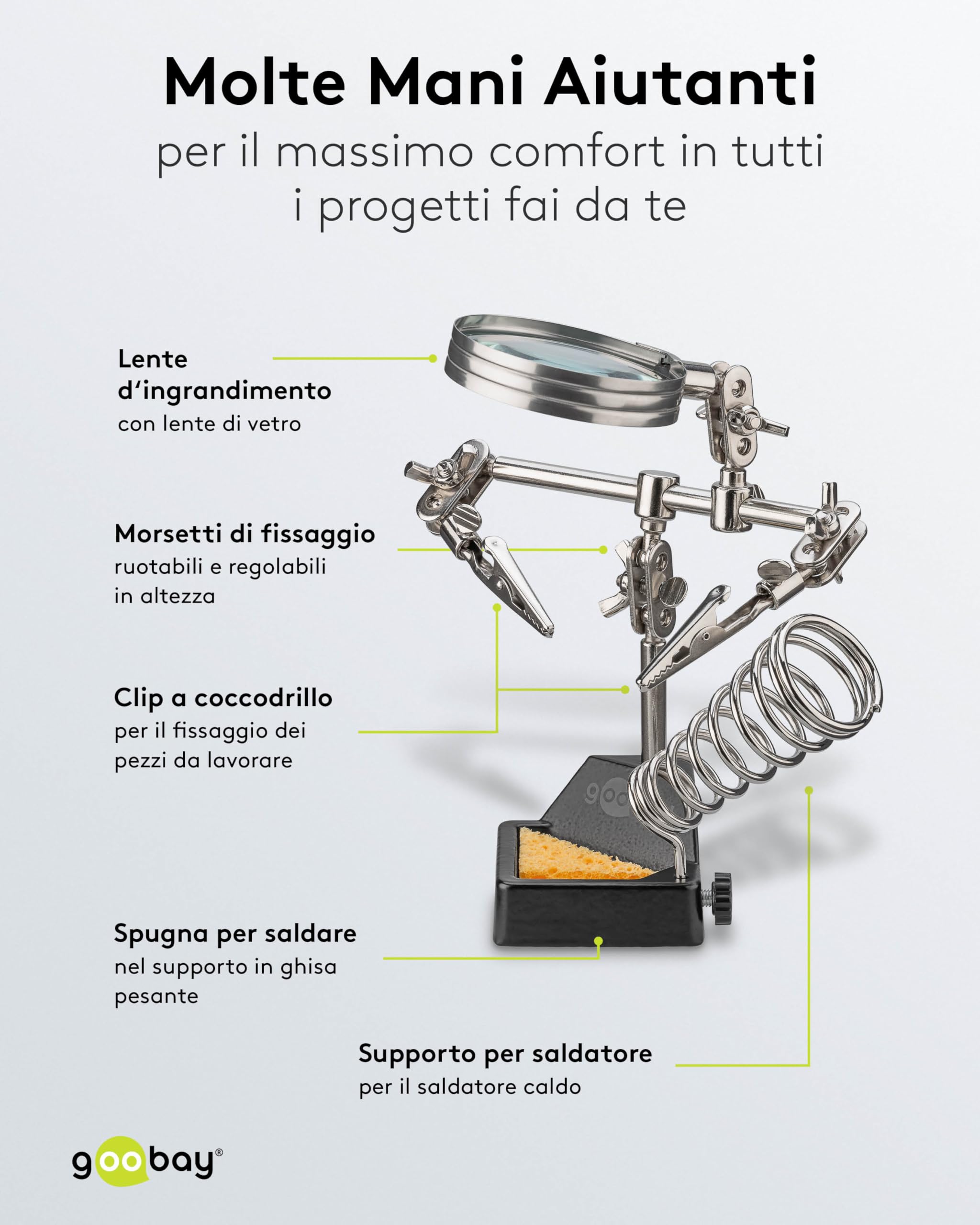 goobay Terza mano lente d'ingrandimento supporto saldatore ingrandimento 2,5x morsetti a coccodrillo flessibili base robusta