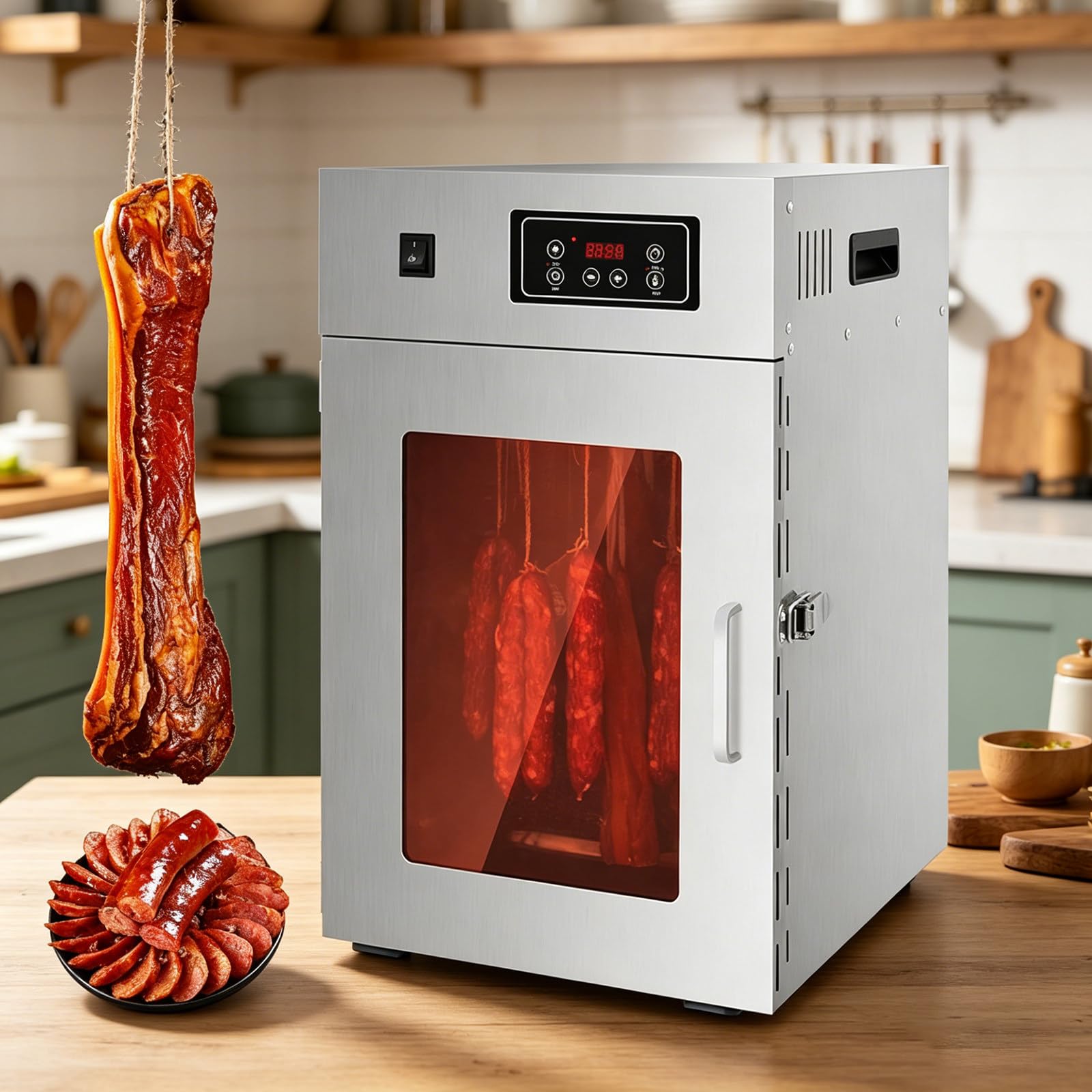 Secadora para Chorizo y Salchichas, Deshidratadora Vertical con 14 Ganchos, Temperatura Ajustable 30–90°C, Temporizador, Bandeja de Goteo Desmontable – 360° Flujo de Aire