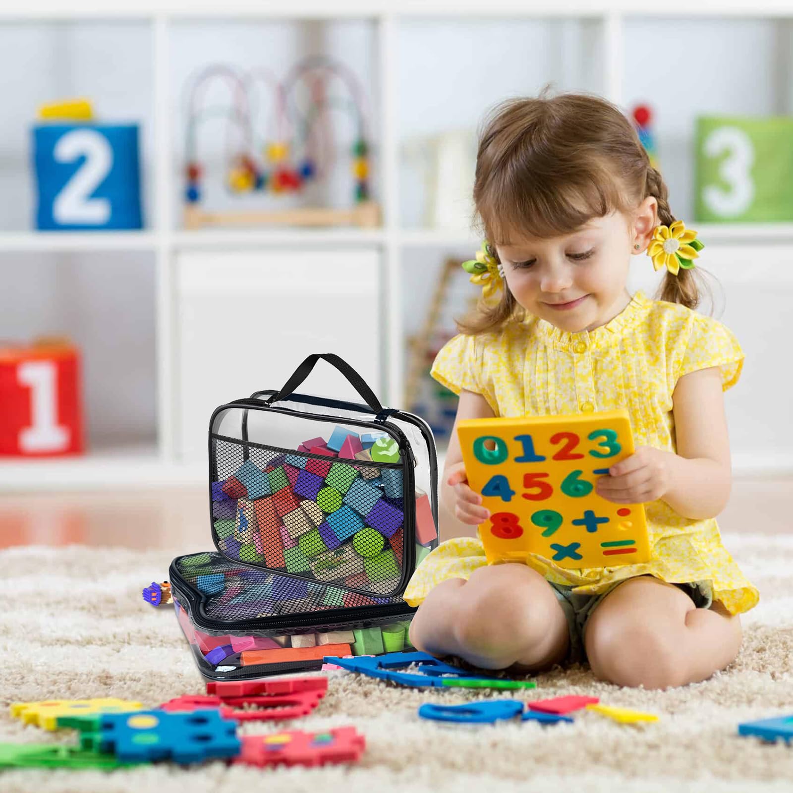 Juego de 4 Fundas Organizadoras de PVC para Juguetes, Neceser con Cremallera y Bolsillos Laterales de Red para Juguetes de Baño, Puzzles y Bloques de Construcción (L 23x8x30 cm)