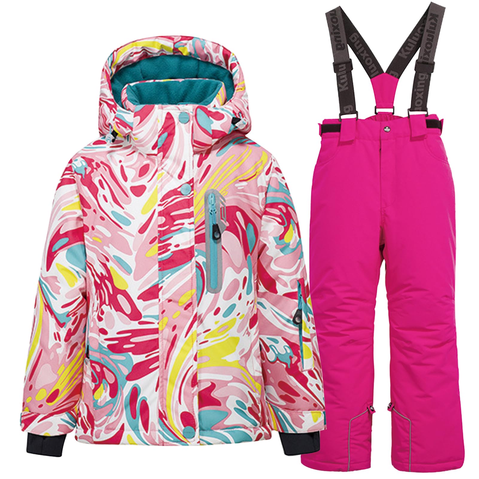 Conjunto de traje de esquí infantil de 2 piezas con capucha, traje de nieve impermeable a prueba de viento para niños y niñas, chaqueta de esquí cálida y pantalones de esquí, rosa brillante