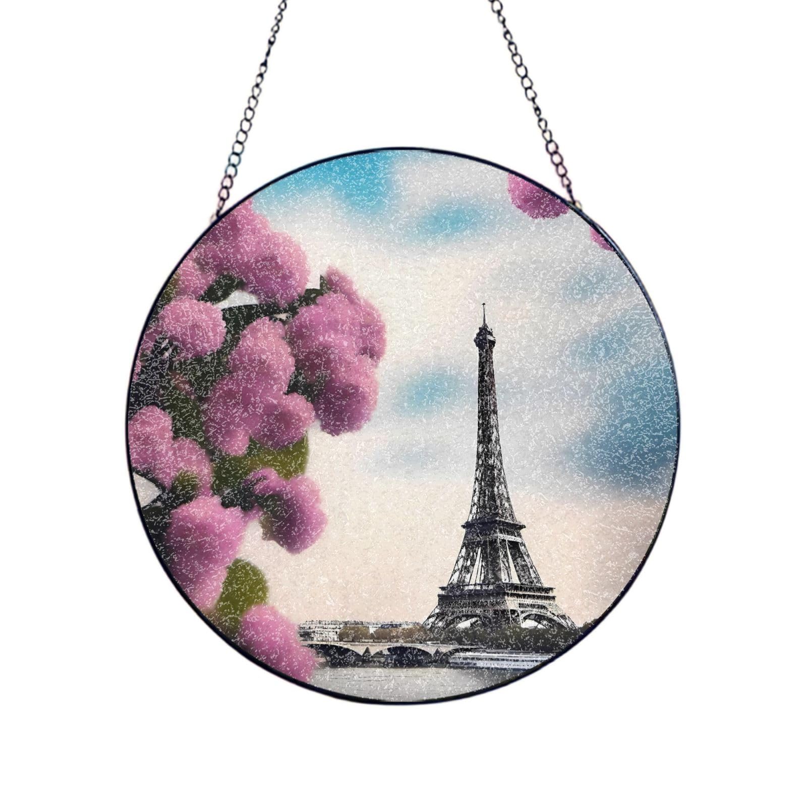 Phayah Flower Eiffel Tower Print Stained Glass Window Hanging Suncatcher For Door Terrace Garden Home Decor Sun Catcher Birthday Gifts For Lovers Dad Mom 12in（30cm）