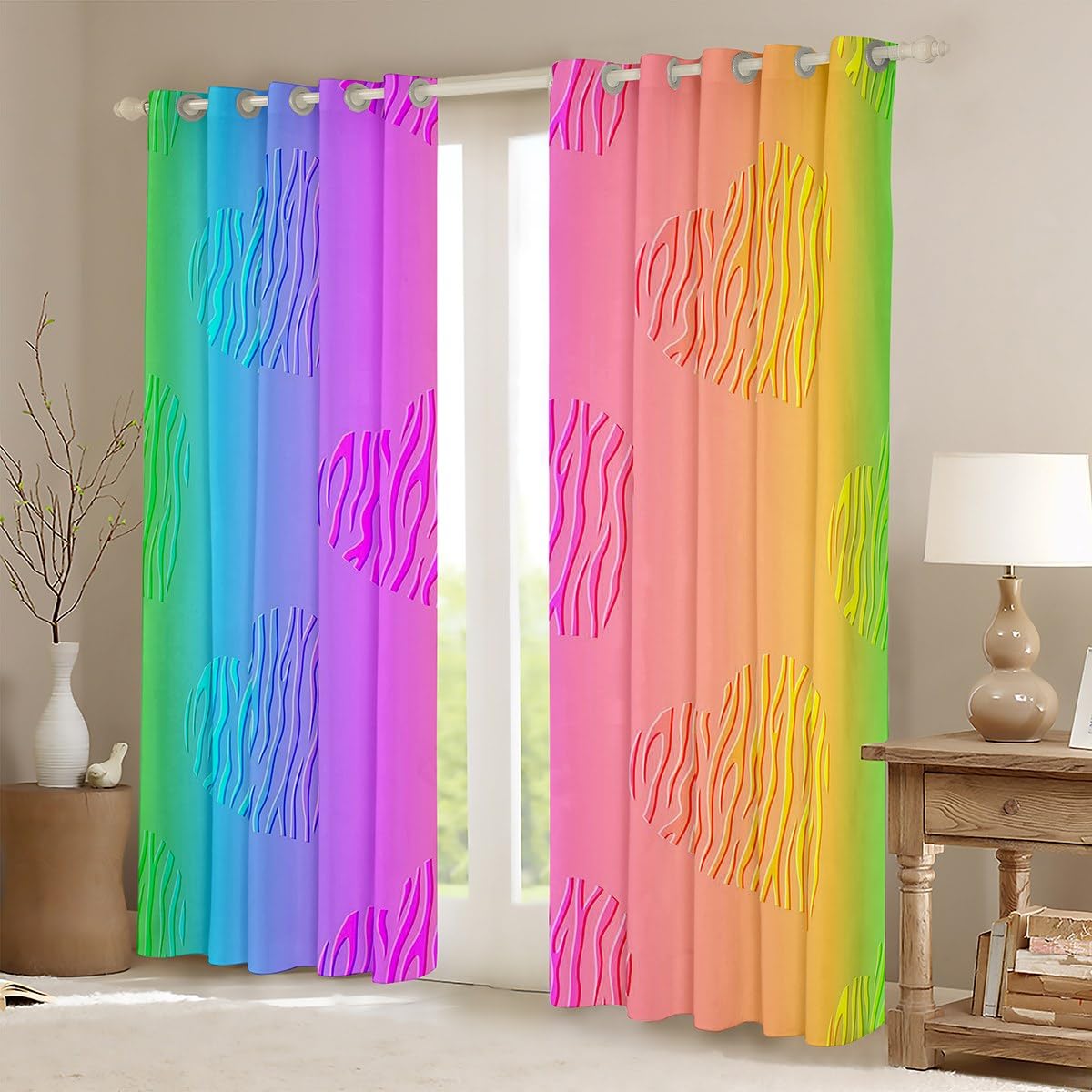 Erosebridal Cute Rainbow Curtains for Kids Boys Girls Colorful Ombre Gradient Curtains & Drapes, Kawaii Love Hearts Blackout Curtains Zebra Print Bedroom Curtains, Girly Psychedelic Window Treatments