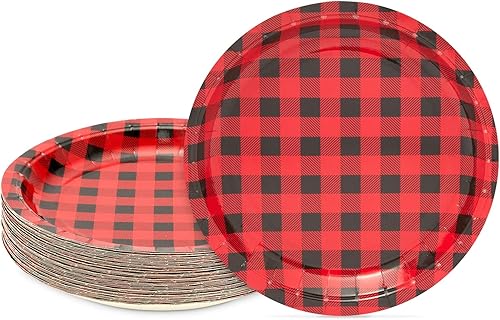 BLUE PANDA Paquete de 48 platos de papel a cuadros para suministros de fiesta de cumpleaños de leñador, decoración de mesa, baby shower (9 pulgadas)