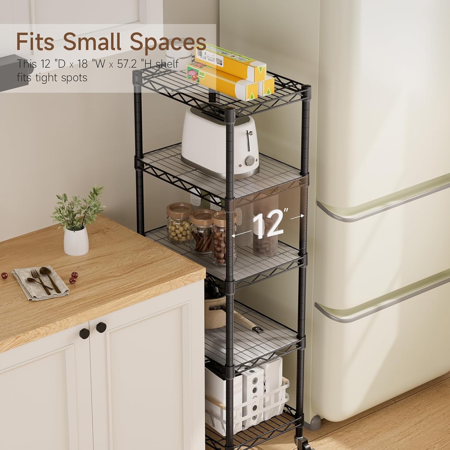 Small 5 Tier Shelves Storage Wire Shelving Unit Metal Shelf Adjustable Organizers Storage Shelving with Wheels for Bathroom Laundry Room Kitchen Pantry12”D x 18”W x 57.2”H Black - Image 5