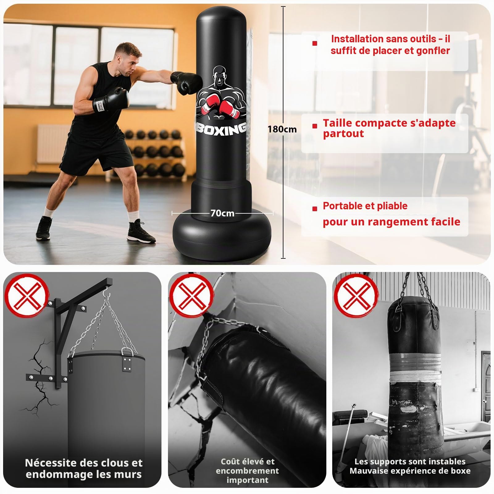Sac de Frappe sur Pied Gonflable pour Adulte, Qoosea Punching Ball avec Gants et Pompe à Air, Sac de Boxe pour Entraînement de Kickboxing, MMA Karaté Fitness Taekwondo Idéal Cadeau