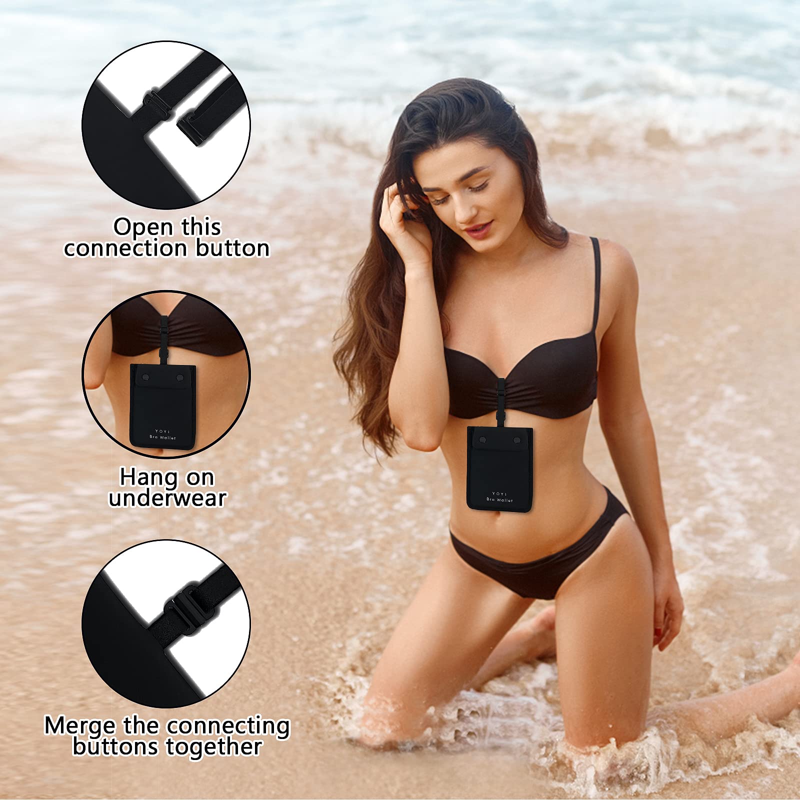YOYI YOYI RFID Undercover BH-Geldbörse, Reisetasche, Geheimtasche – Kreditkarten & Geld & Wertsachen mit verstellbarem, elastischem Band, geeignet für alle BH-Größen, Schwarz, L-5.5'' x 4'',