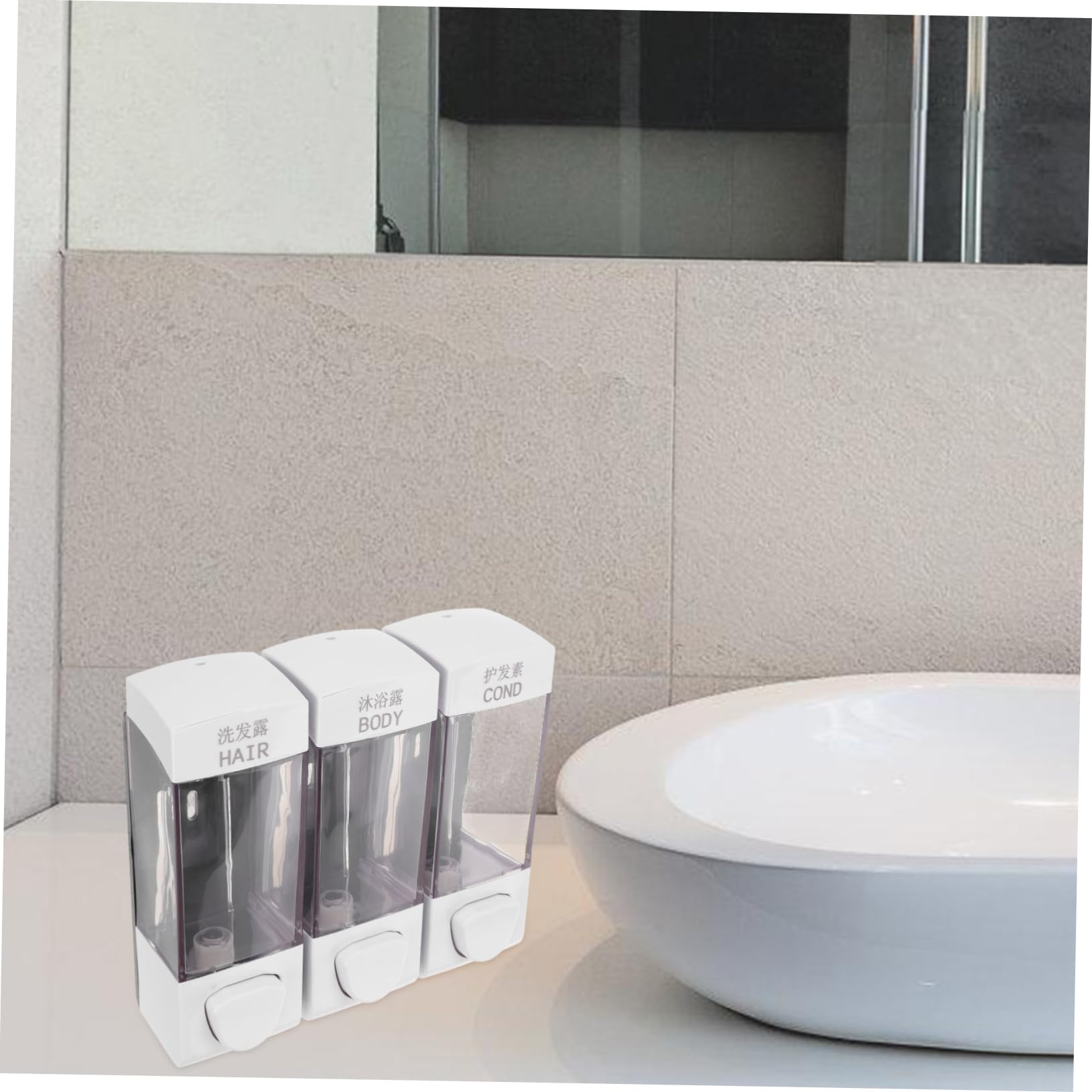 Dispenser Doccia da Parete in Abs, 3 Scomparti, 1050ml, per Shampoo e Bagnoschiuma, Pratico per Famiglia e Negozi