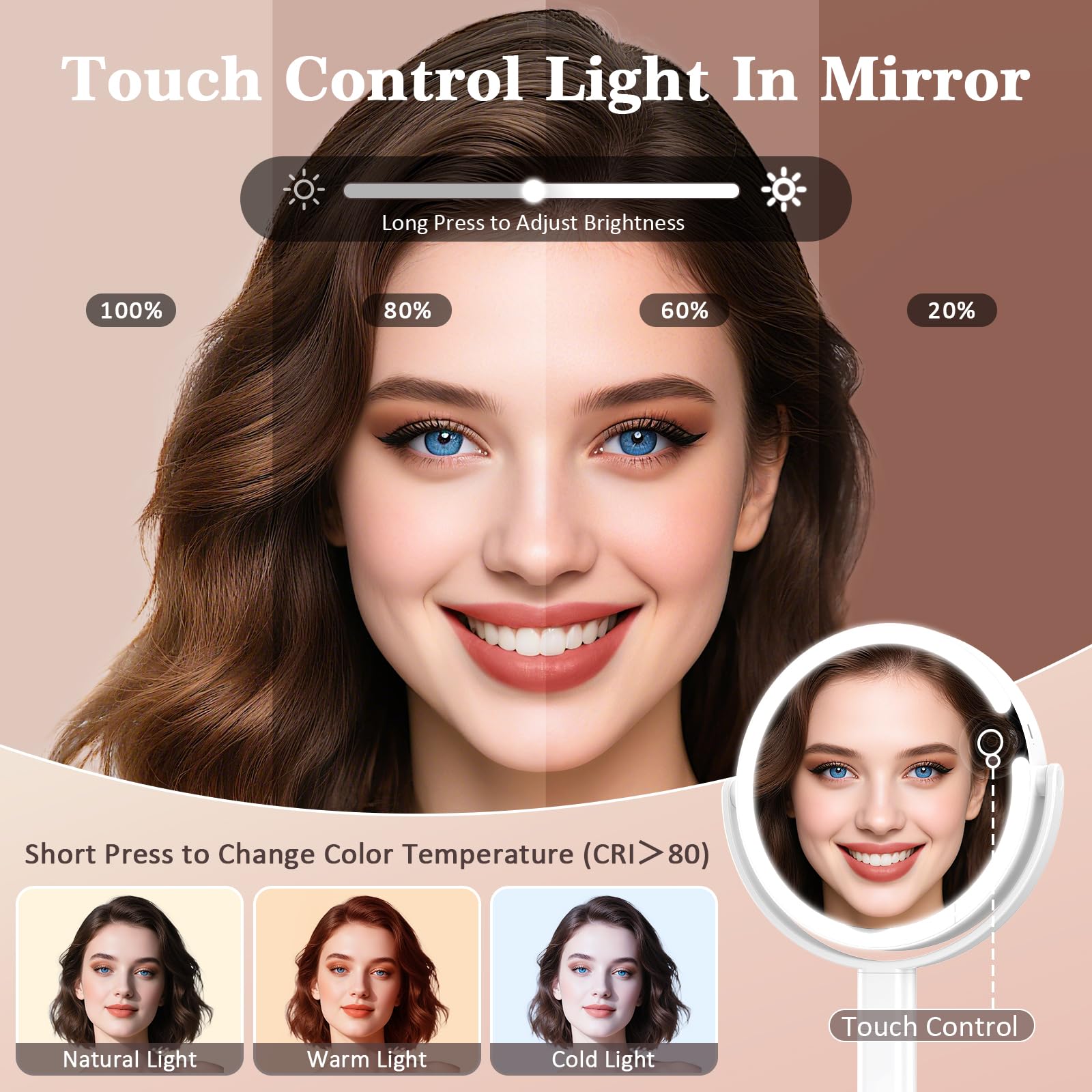 Espejo de maquillaje con luces, aumento 1X/15X con luz LED de 3 niveles, espejo de aumento recargable de 4000 mAh de 2 caras, espejo de escritorio de rotación de 360°, espejo de mesa de altura