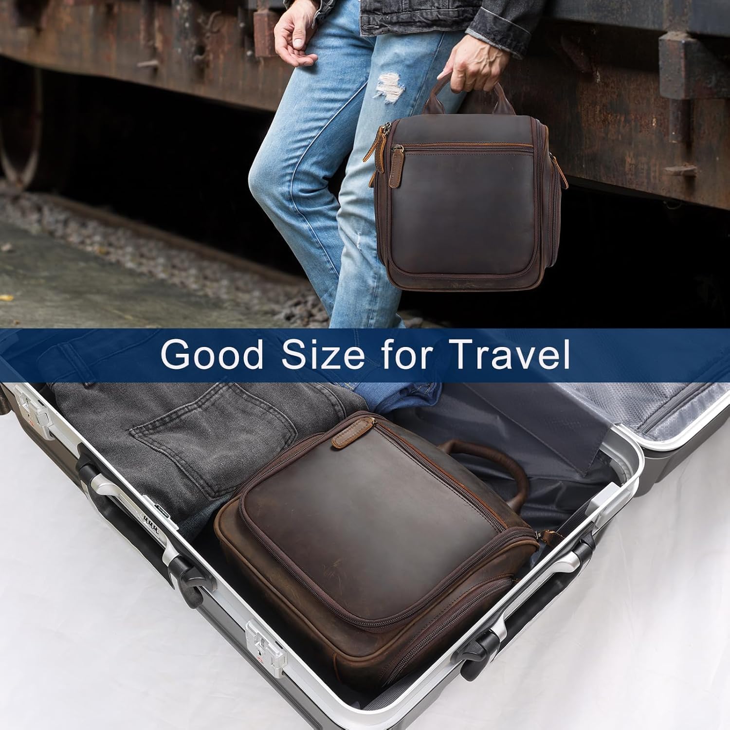 Neceser colgante de piel auténtica para hombre, organizador expandible de viaje y campamento con kit de afeitado, bolsa de lavado marrón vintage resistente al agua para cosméticos, artículos