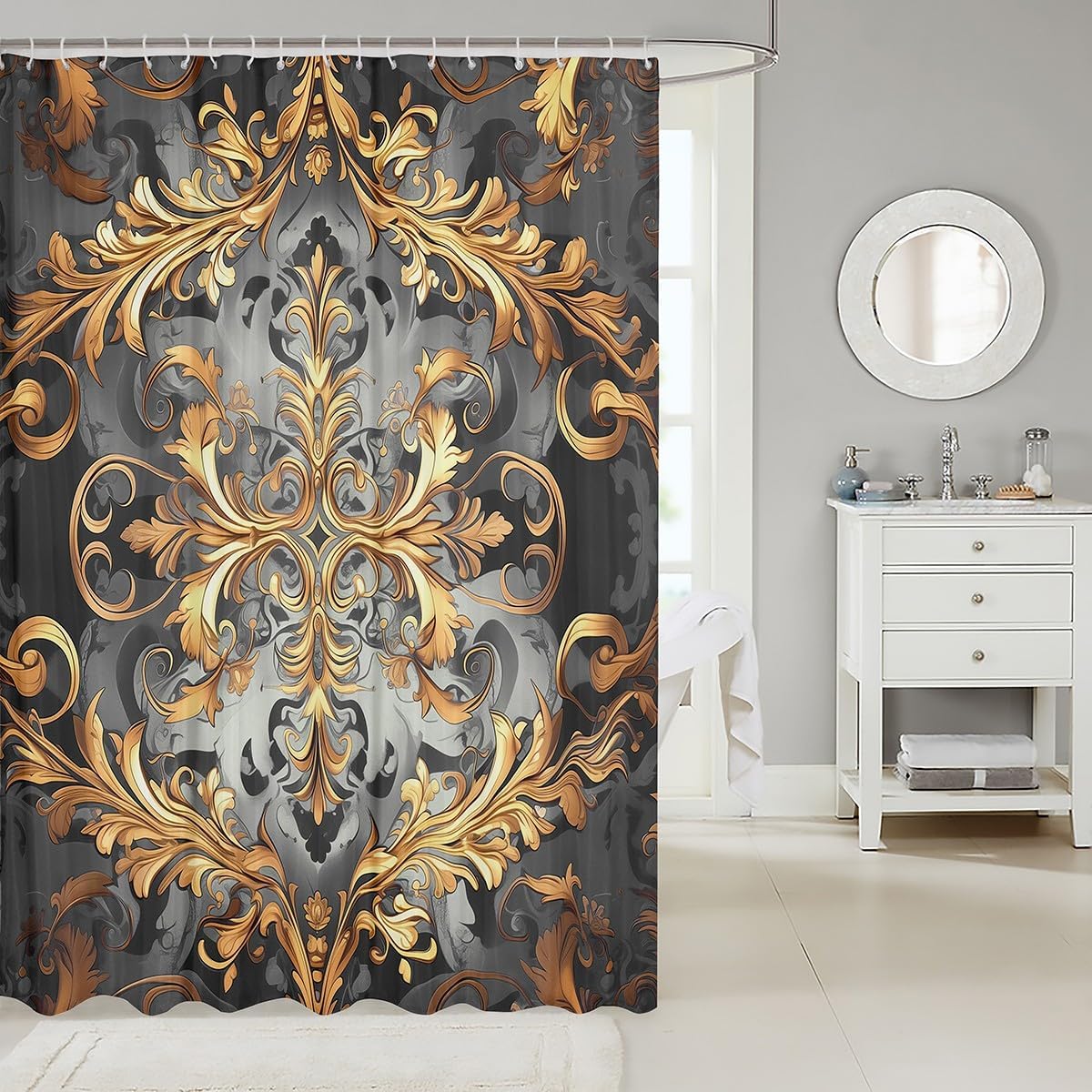 Erosebridal Golden Damask Floral Boho Vintage Paisley Cloth Fabric Shower Curtain 72x72, Hippie Aztec Exotic Bathroom Accessories with Hooks, Garden Bohemian Gothic Waterproof Bathroom Curtain Sets image 2