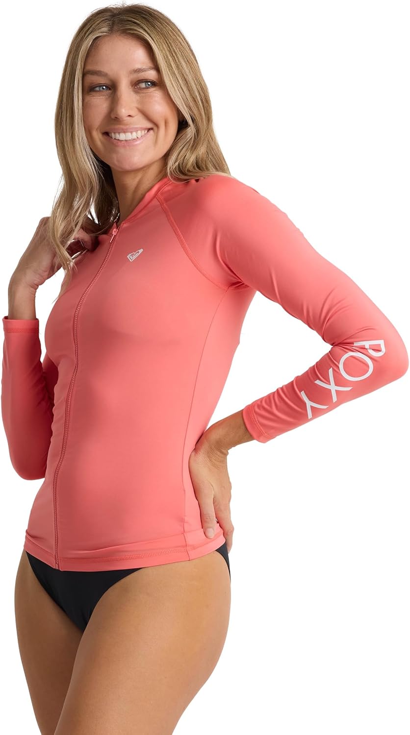 Roxy Women's Long Sleeve Zipped Rashguard – UPF 50+, Stretch Fit, Swim, Surfsuit, Quick-Dry Swim Shirt, Hot Coral, Large