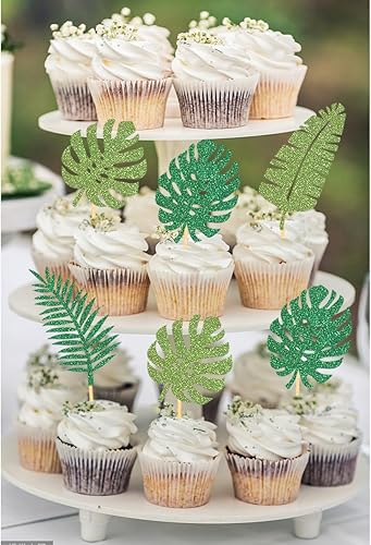 Miniatura 5 de 24 adornos tropicales con purpurina para cupcakes, hojas de palmera tropicales, decoraciones de Aloha para verano, temática hawaiana, baby shower,