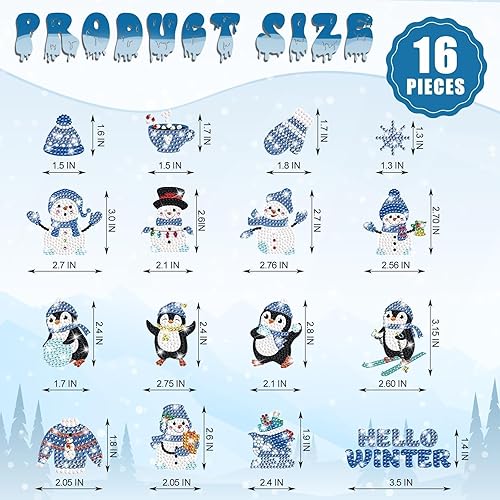 Miniatura 2 de 16 piezas de imanes de pintura de diamante de Navidad, imanes de invierno para refrigerador, calcomanías de pingüino, copo de nieve, muñeco de