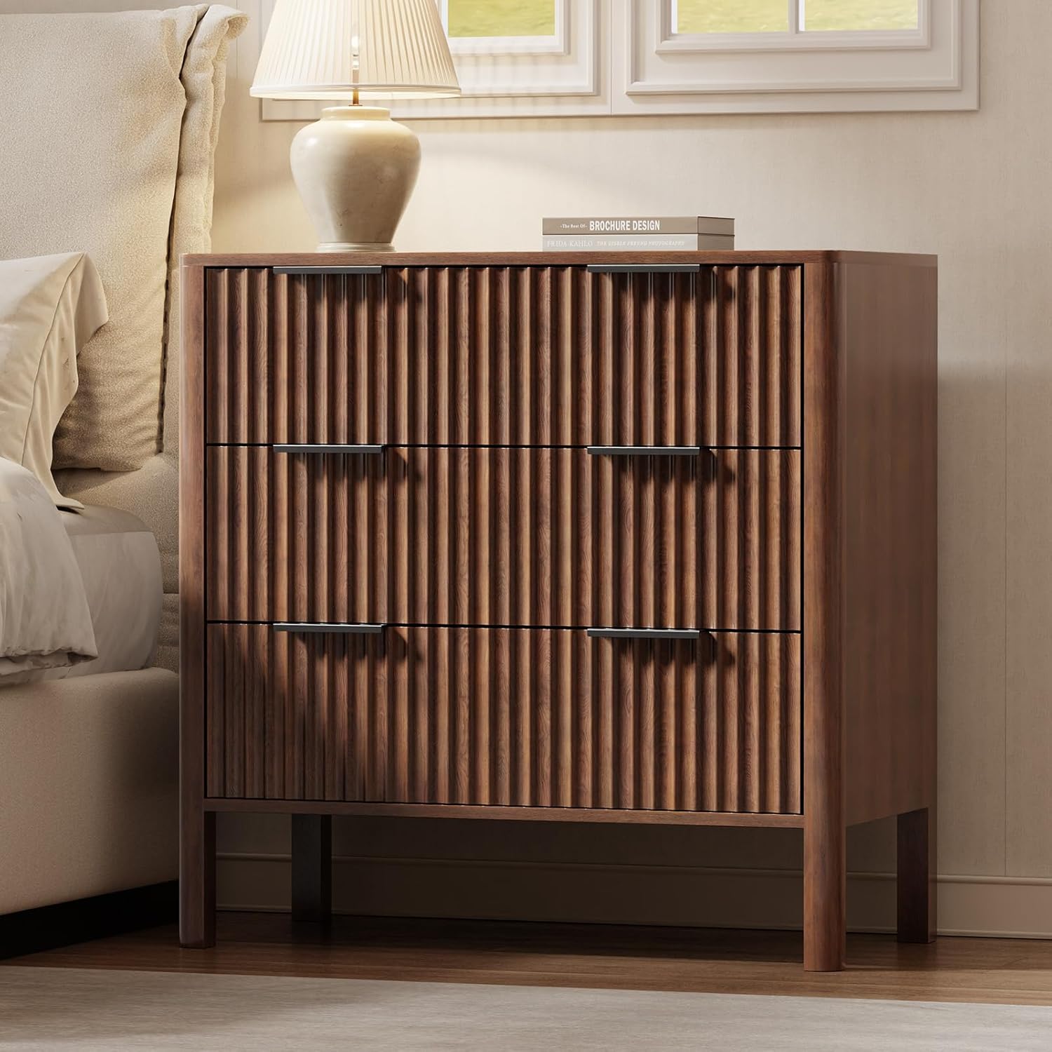 32" Fluted Nightstand, Bed Side Tables with Drawers for Bedroom Mid Century Modern Night Stand Wood Nightstand Large End Table, Walnut