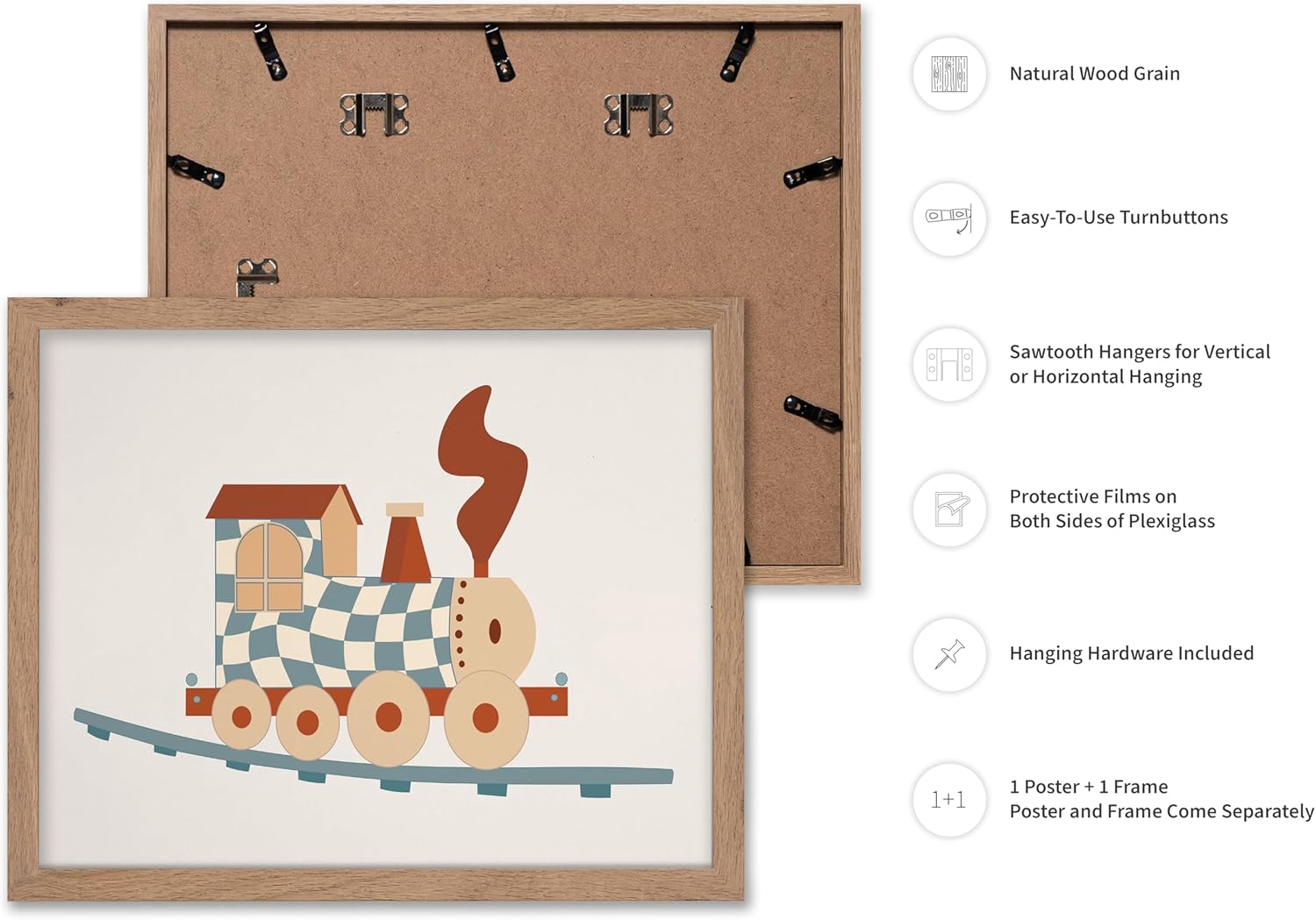 Poster Master Cartoon Train Print - Nursery Poster - Cute Steam Train Art - Pastel Color Wall Design - Toddler Playroom Art - Boho Kid's Room or Nursery Wall Decor - 16x20 Beige Framed