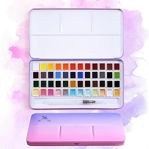 MeiLiang - Juego de pintura de acuarela, 36 colores estándar y 12 colores brillantes en exquisita caja de transporte con anillo de metal y pincel de