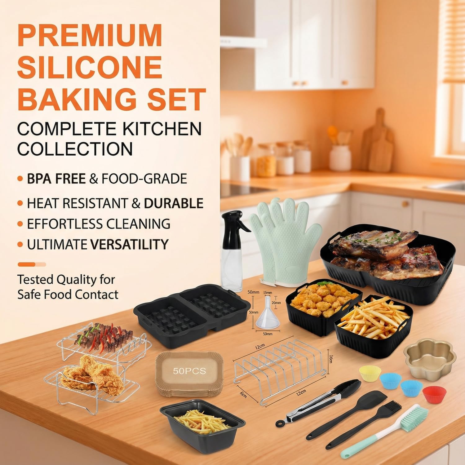 29 Piezas Set de Moldes de Silicona Reutilizables para Freidora de Aire - Accesorios Compatibles con Foodi 10.4L (AF500EU) y Cosori 10L, Bandejas Rectangulares para Hornear y Grillar
