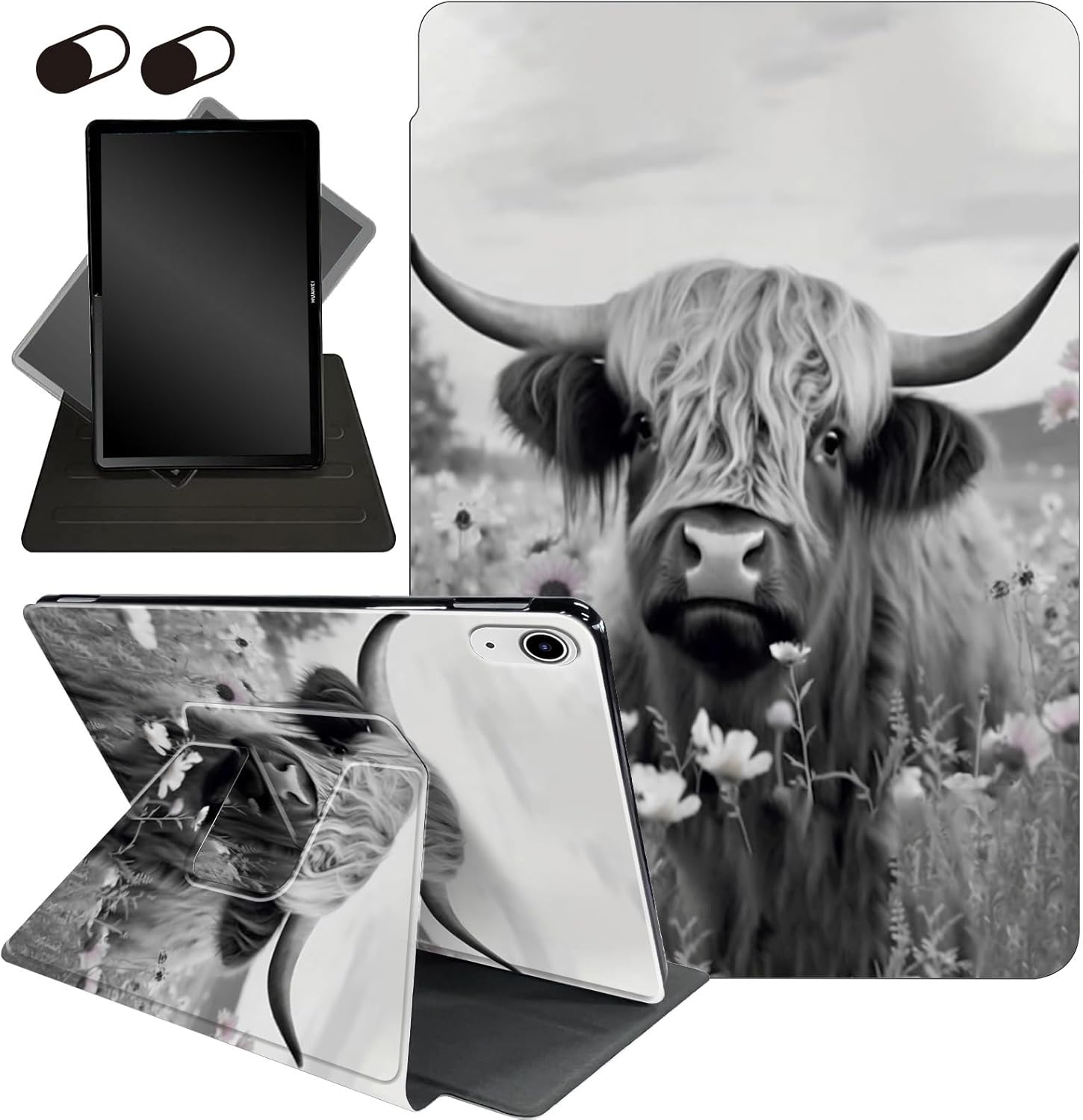 Highland Cow Ox Cattle Case for iPad 10th Gen 2022, 360 Swiveling Stand & Auto Sleep/Wake