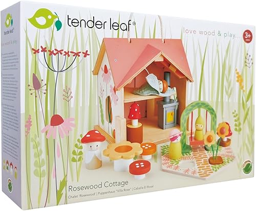 Miniatura 6 de Tender Leaf Toys - Casa de campo de palisandro - Juego de casa de muñecas de madera amueblada portátil de 2 pisos con asa, 4 piezas de familia de