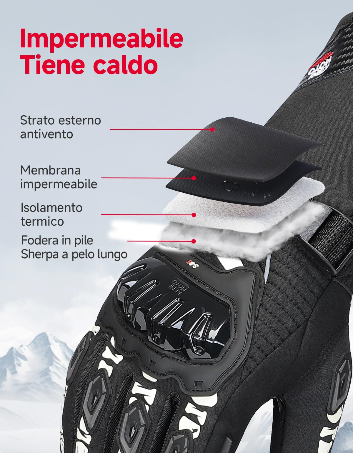KEMIMOTO Guanti Moto Invernali, Guanti da Moto Termici Uomo Donna con Touch Screen e Impermeabile Protezione, Adatti da 0°C a 5°C, Ideali per Motociclismo a Ciclismo