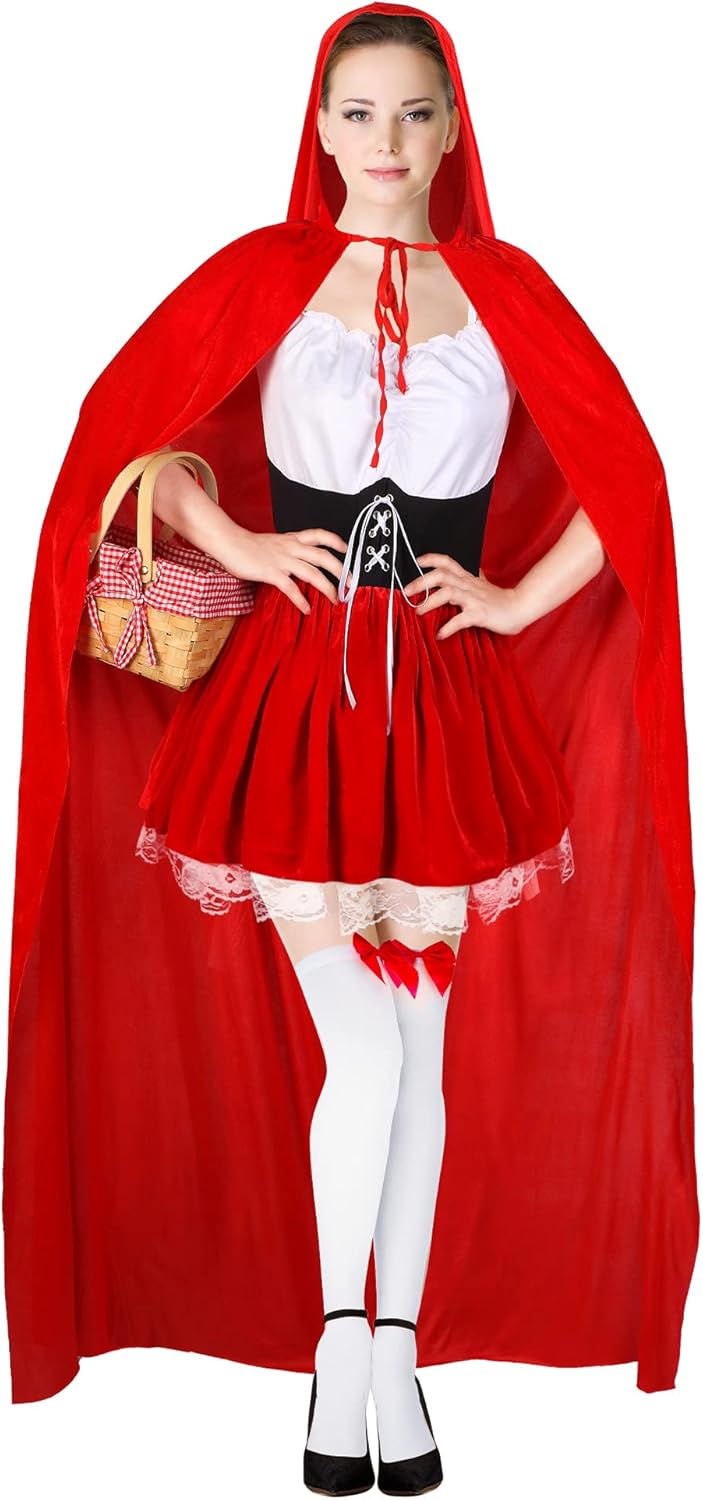 4 Pcs Women's Riding Hood Costume Halloween Party Dress with Red Hooded Cloak White High Socks Picnic Basket
