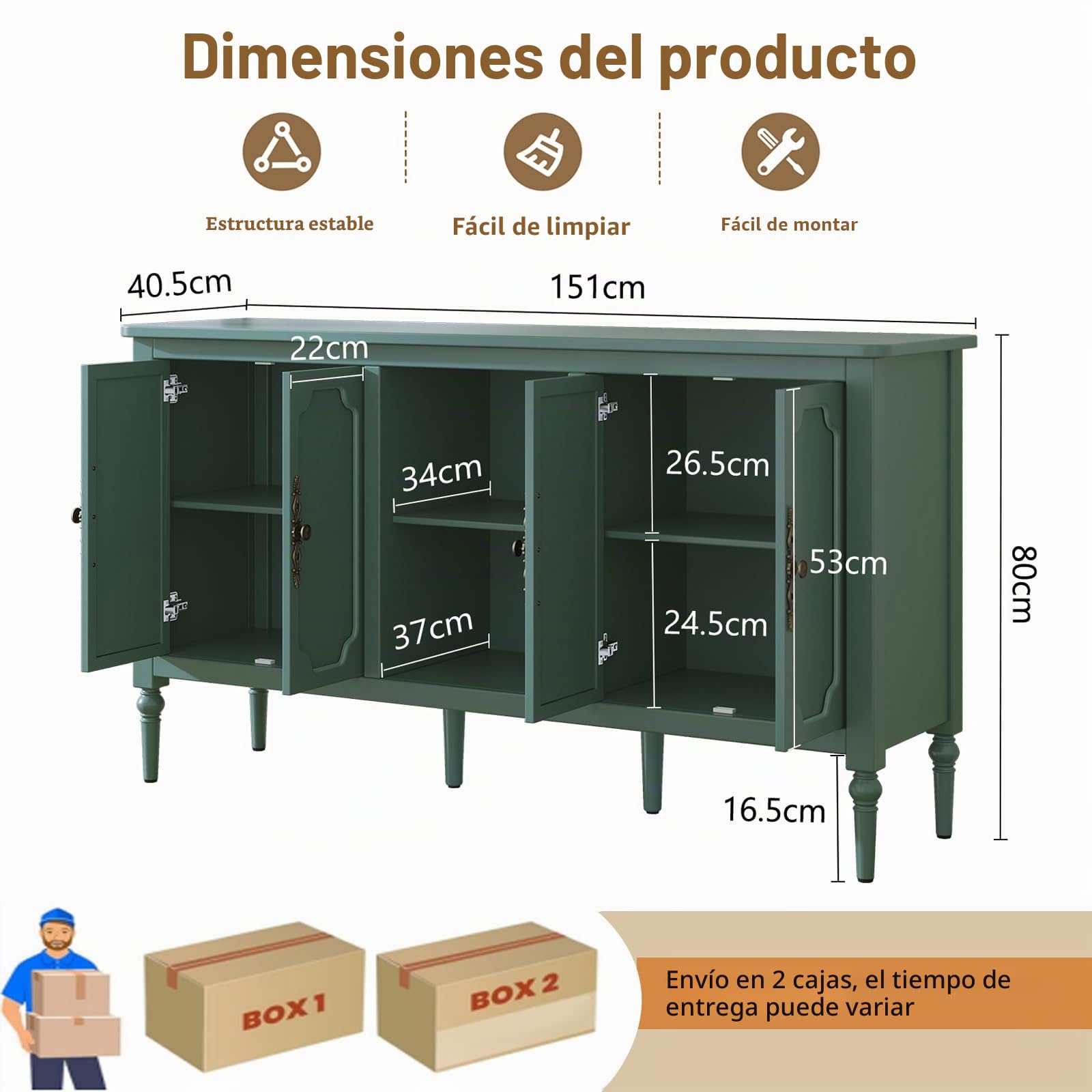 HOLTICO Aparador,Mueble Auxiliar,Cómoda De Almacenaje con 4 Puertas Y Estante Abierto,2 Estantes Ajustables En 3 Niveles,para Salón Comedor Cocina,151x40,5x80cm,Verde