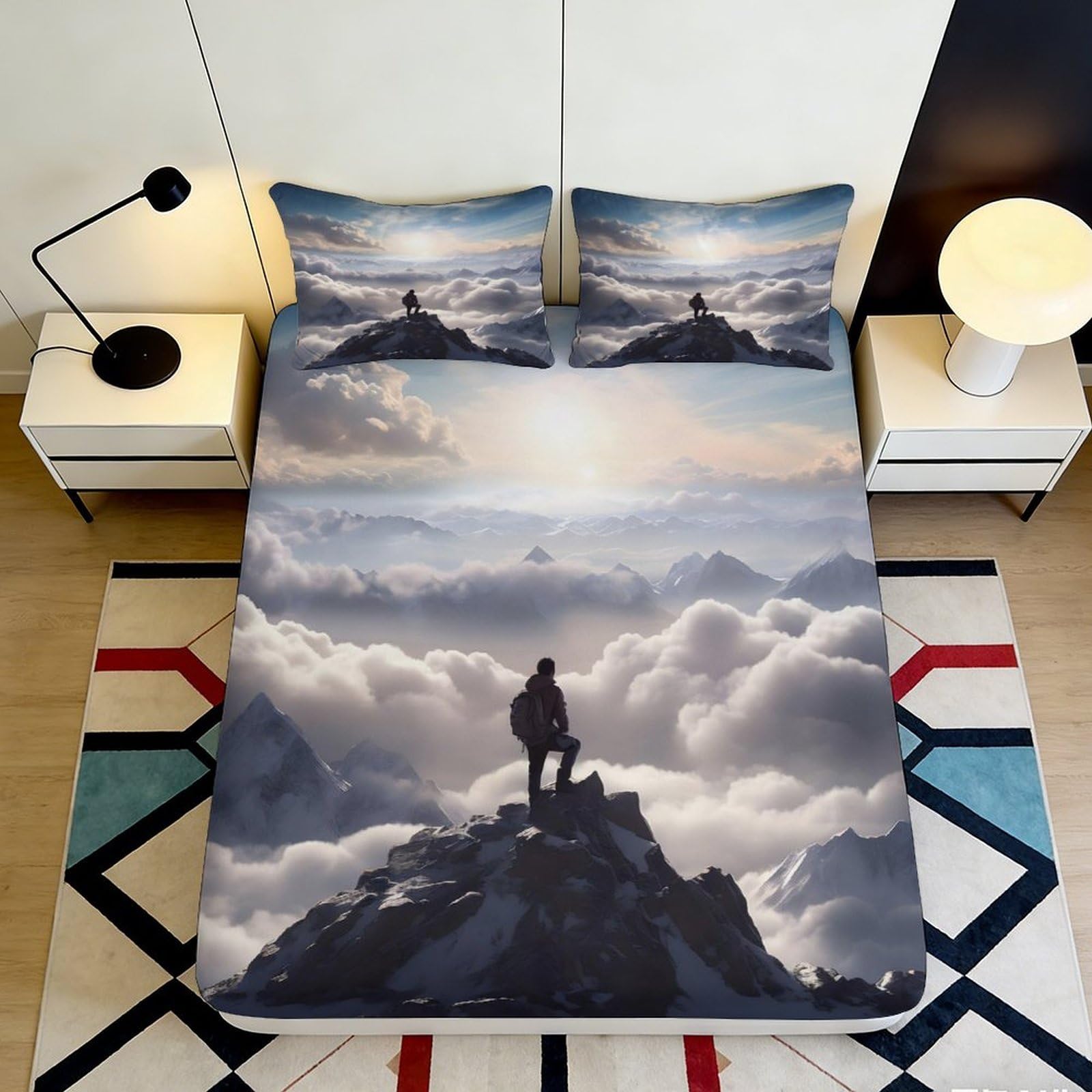 3D Printed Mountain Sunrise Fitted Sheet Microfiber Anti-Slip Cloud Peak Bed Cover for Bedroom Dorm Easy Care 90x200x25cm