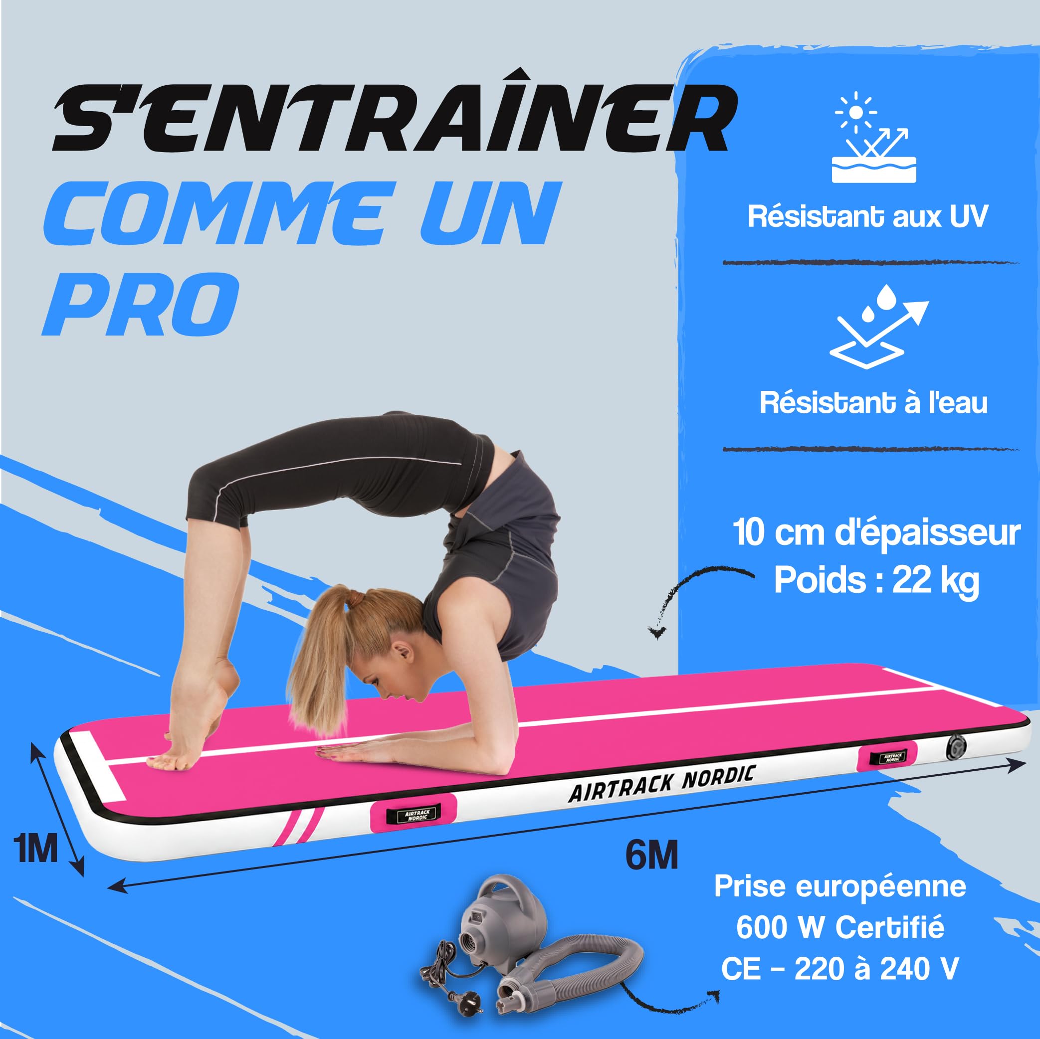 AirTrack Nordic Home Special Edition Air Track 3m/4m/5m/6m/7m/8m avec pompe à air - tapis de gym gonflable – Durable et facile à transporter Tapis de gymnastique, piste gonflable, tapis tumbling