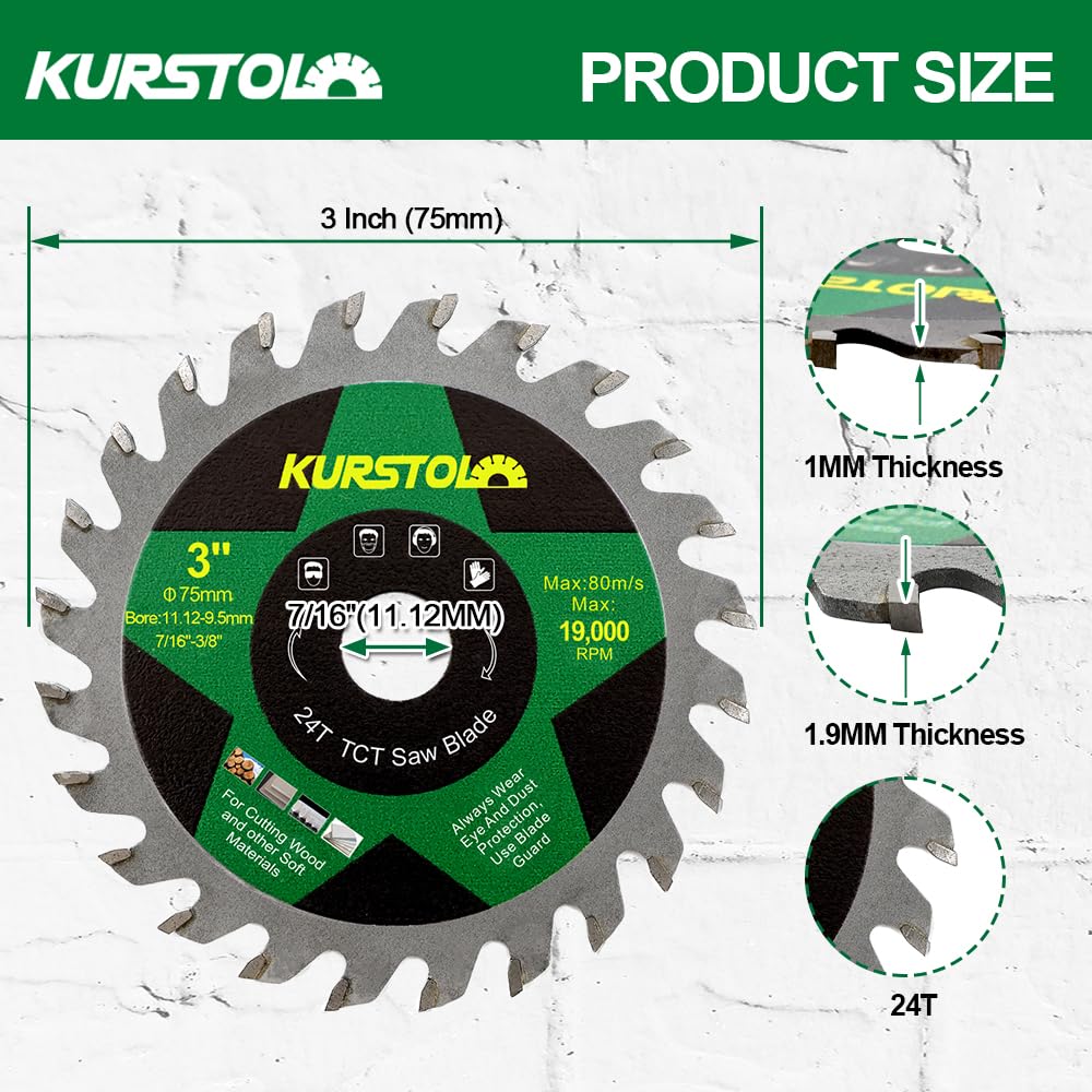 KURSTOL TCT Circular Cutting Blade - 3"(75mm) x 3pcs, 24T, Wood & Plastic, Arbor 7/16"(11.12mm), Washer 3/8"(9.5mm) - Image 2