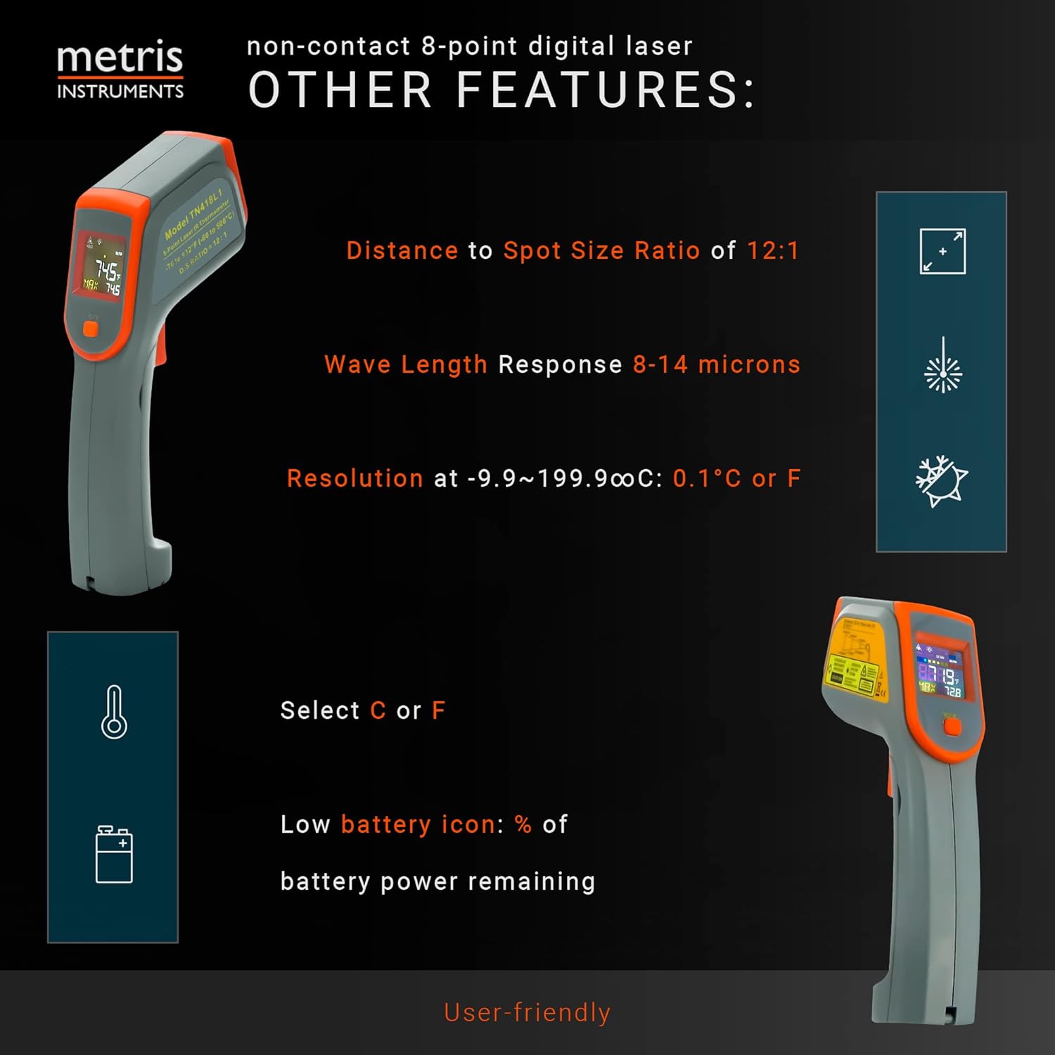 Digital Infrared Thermometer Gun Laser Temperature Gauge for Cooking, Grill, Pizza Oven, HVAC Tools, 8-Point, 76o to 932o F [-60o to 500o C] 12:1 D:S Ratio, Model TN418L1