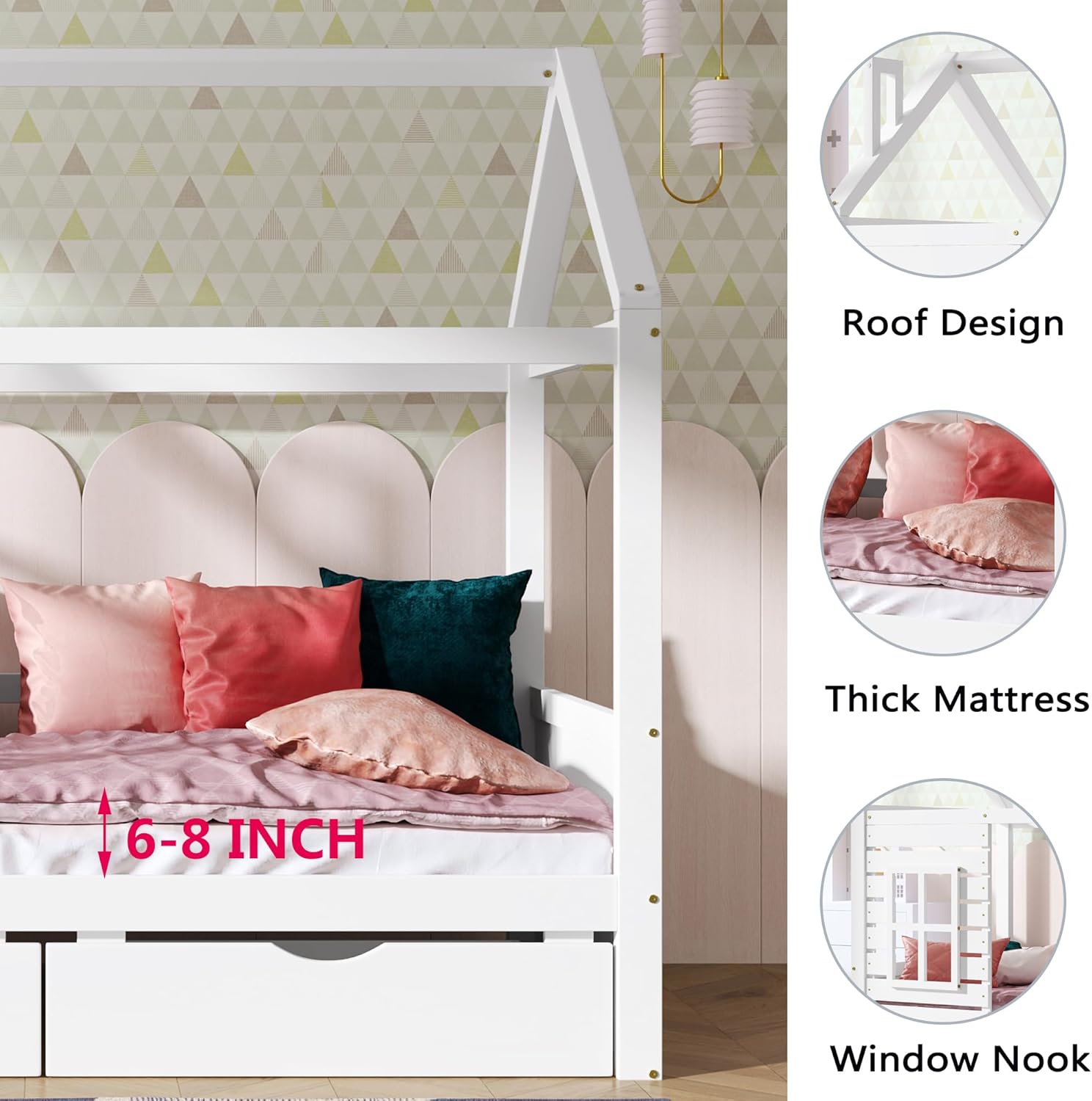 Aoowow Full Size Kids House Bed with 2 Drawers, Wooden Full Bed Frame with Window and Roof for Bedroom, Modern Full Size Kid Playhouse Daybed with Slats for Boys Girls, Can be Decorated, Full-White