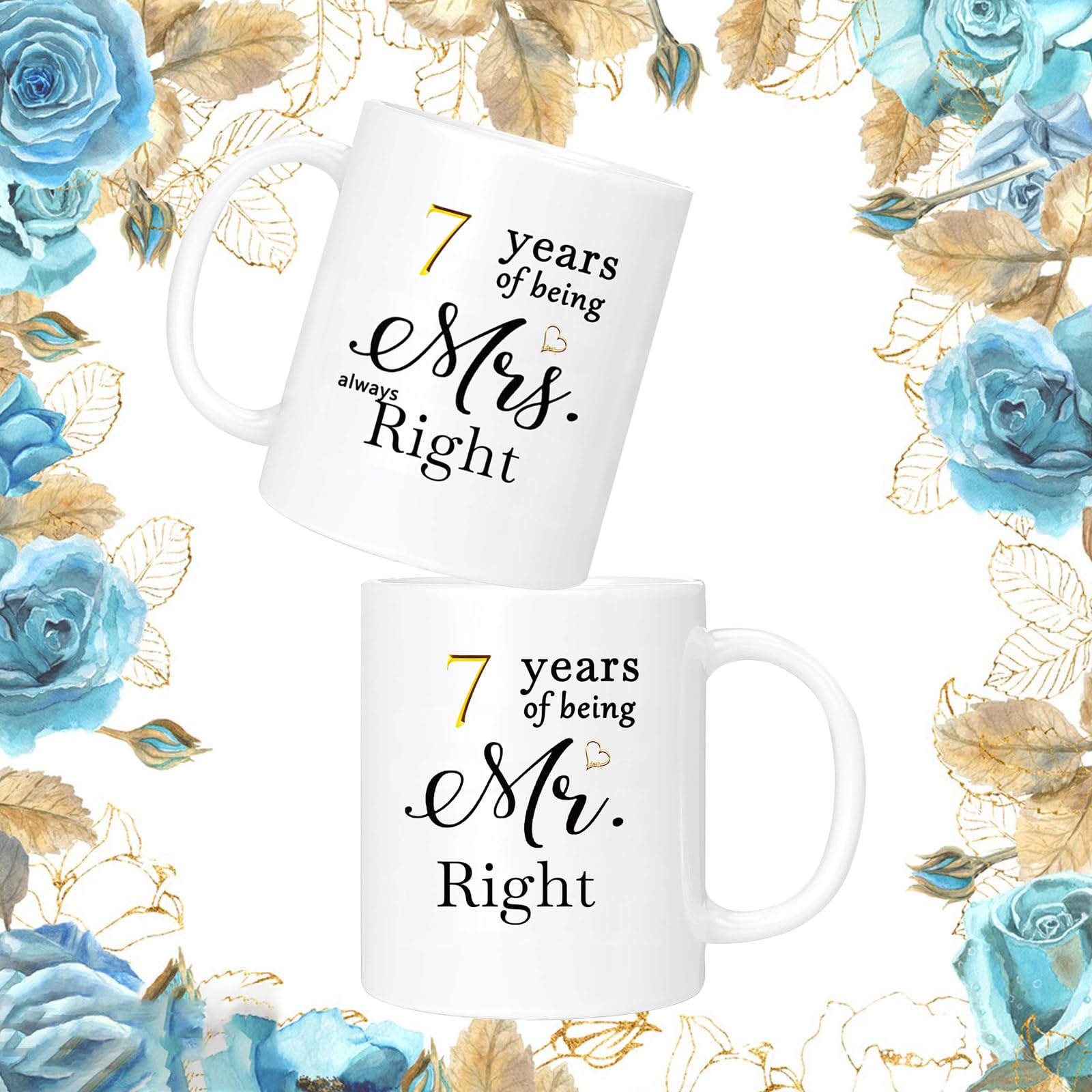 Juego de 2 tazas de café de aniversario de 7 años, regalos de boda para esposa, marido, padres, pareja, abuelos, tazas de regalo de compromiso de 7 años, 11 onzas