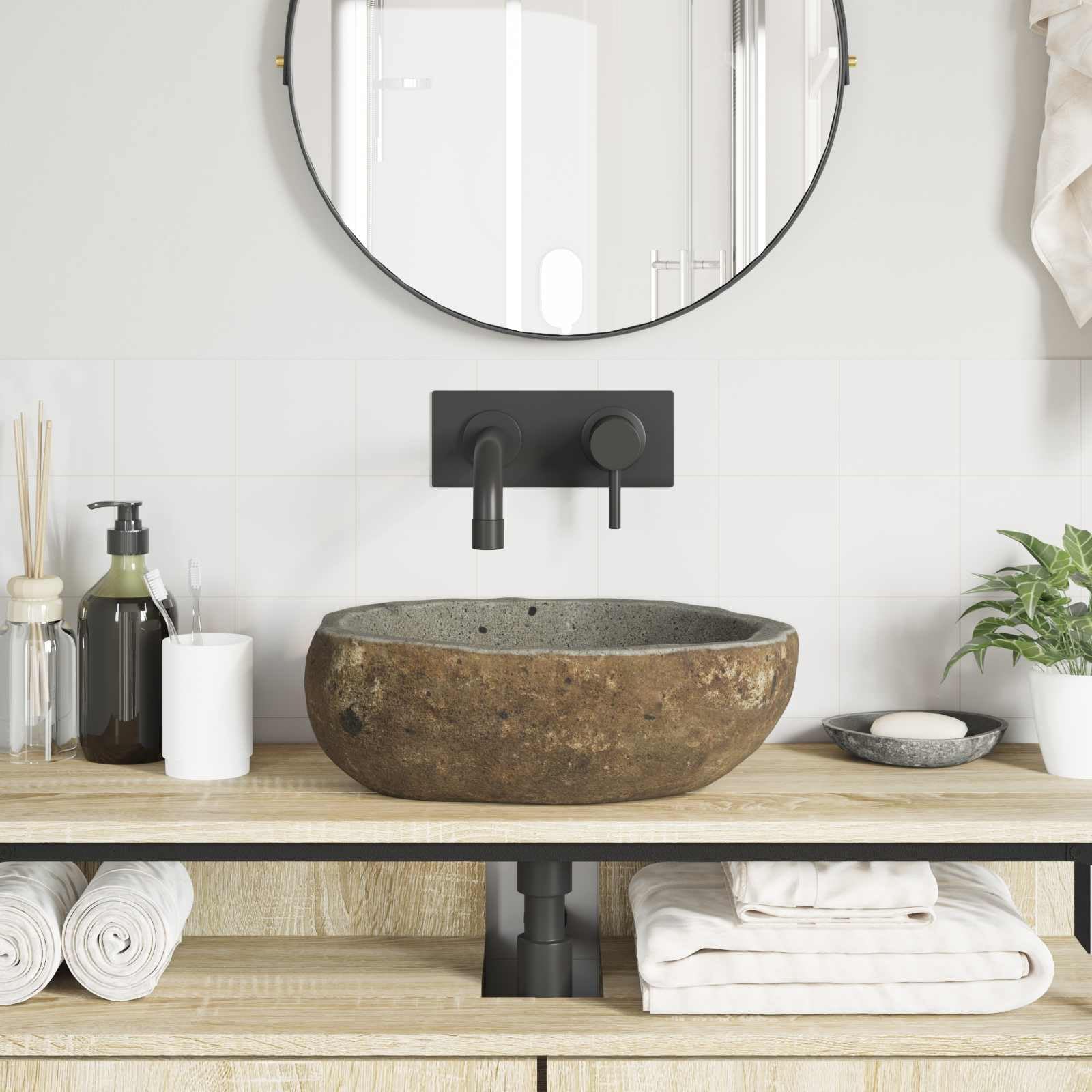 Lavabo in pietra di fiume, grigio chiaro, 30-37 cm x 25-30 cm x 12 cm, per bagno, lavandino a parete, salvaspazio, facile da pulire, con foro di scarico preforato, adatto per ristrutturazione